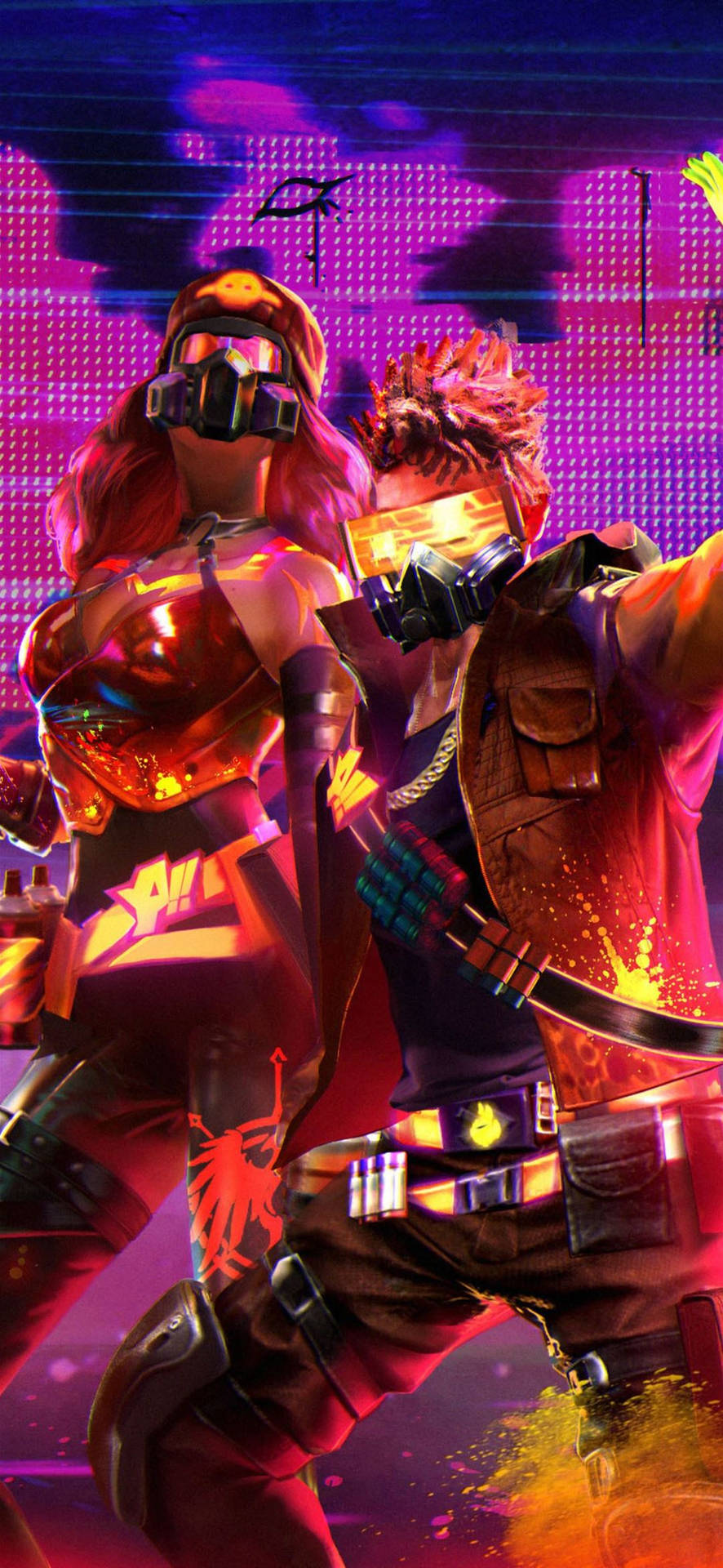 兩個身穿裝甲的賽博龐克人物在霓虹燈照亮的未來環境中 — Free Fire 壁紙