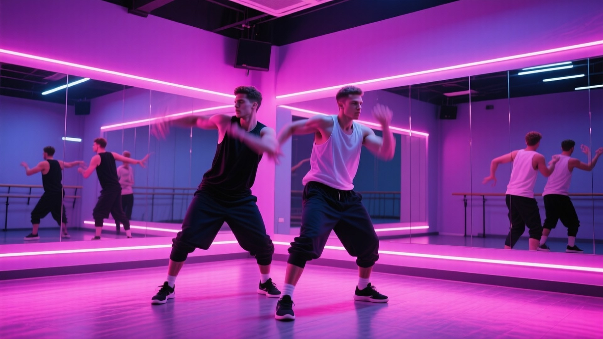 Studio Dance Moves 壁紙 — 兩名身穿黑白背心的舞者在充滿活力的紫色霓虹燈下，於鏡面舞蹈室中擺出同步姿勢。