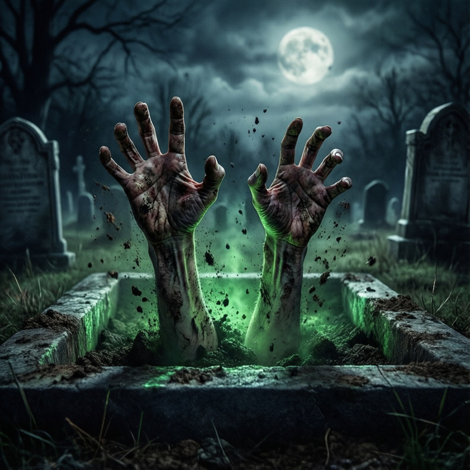 Grave Bursting Zombie Hands 壁紙 — 兩隻腐爛的殭屍手從滿月下的霧氣瀰漫的墳墓中爆出。