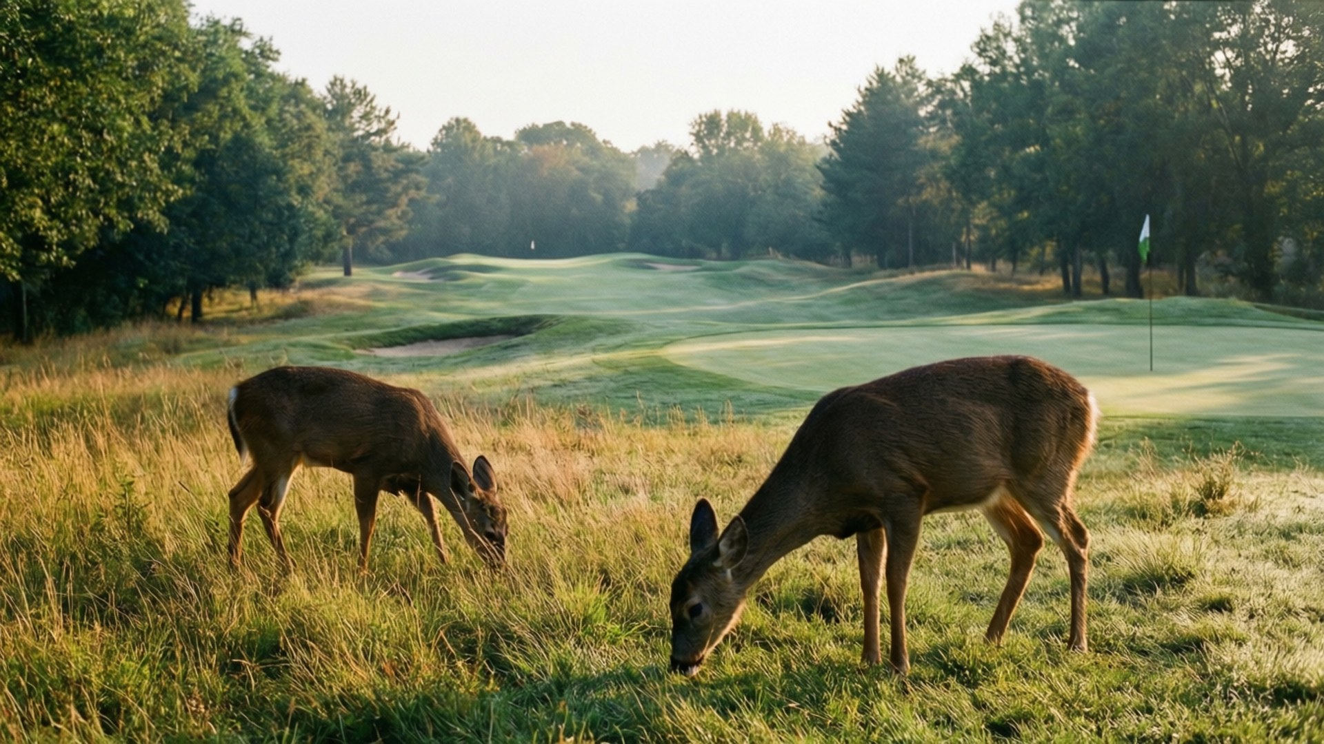 Wildlife on the Fairway 壁紙 — 兩隻鹿在陽光明媚的高爾夫球場旁的高草中平靜地吃草，遠處有樹木和旗幟。