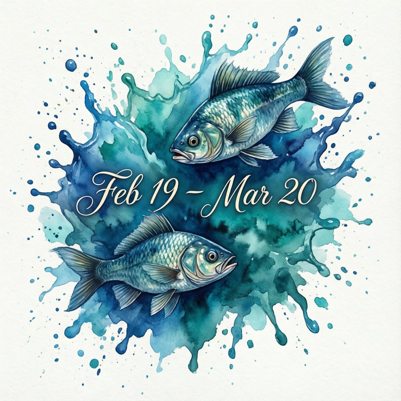 雙魚座 桌布 壁紙 — 兩條細節豐富的魚從充滿活力的藍色水彩飛濺中躍起，並覆蓋著優雅的手寫體日期。