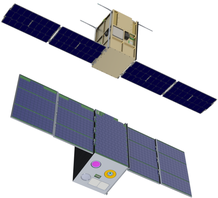 兩個衛星模型，帶有太陽能電池板，在黑色背景上。 — 3D 壁紙