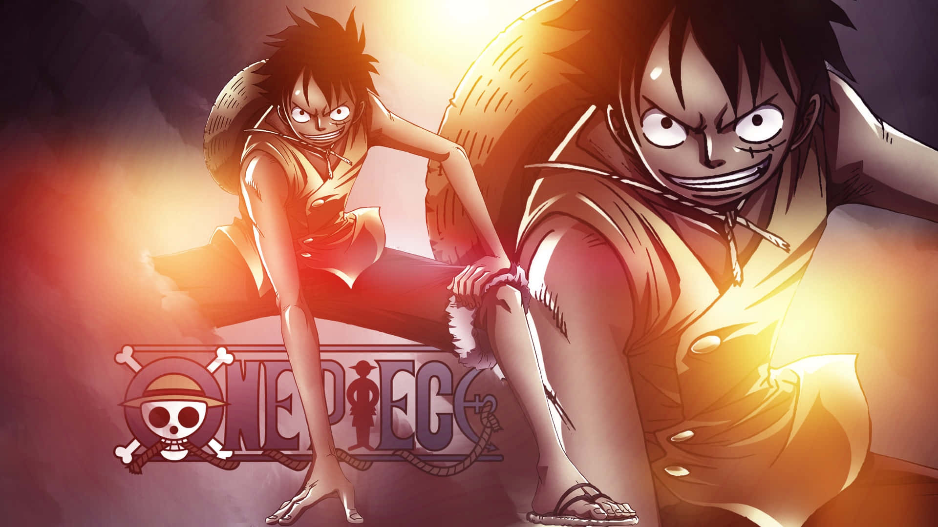  壁紙 — 兩個堅定的動畫海盜蹲伏在火光中，One Piece標誌在他們下方發光。