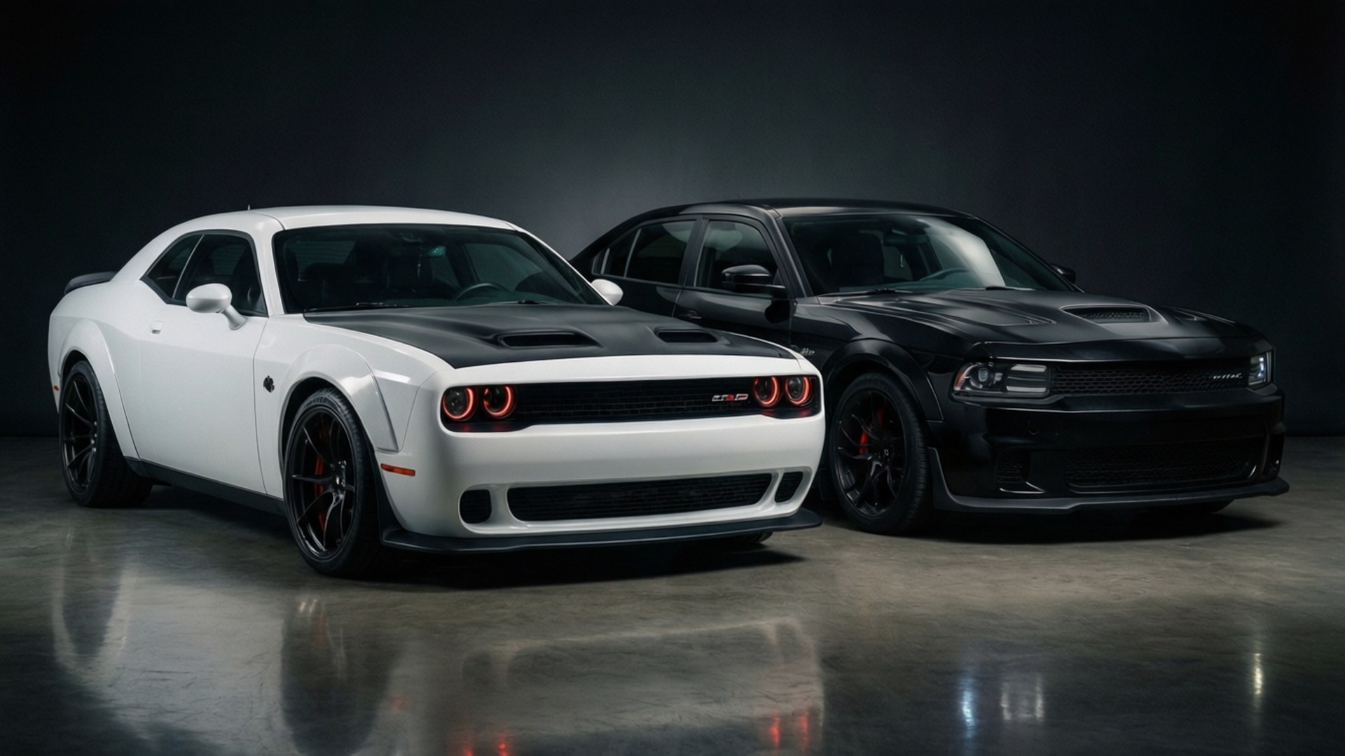 Twin Powers 壁紙 — 兩輛Dodge Challenger SRT Hellcat肌肉車，白色和黑色，帶紅色制動卡鉗，停在反光地板上，在工作室燈光下。