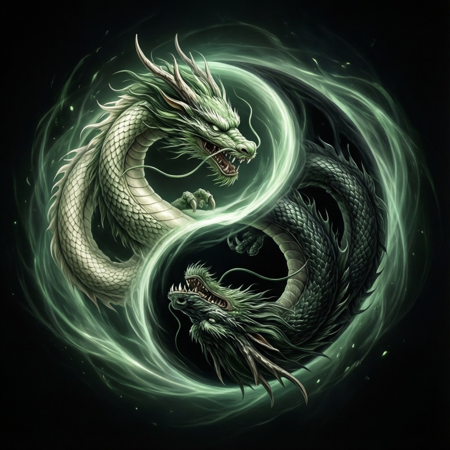Yin Yang Dragons 壁紙 — 兩條龍——一條淺綠色和一條深綠色——在黑色背景上盤繞成陰陽漩渦，散發出發光的綠色能量。
