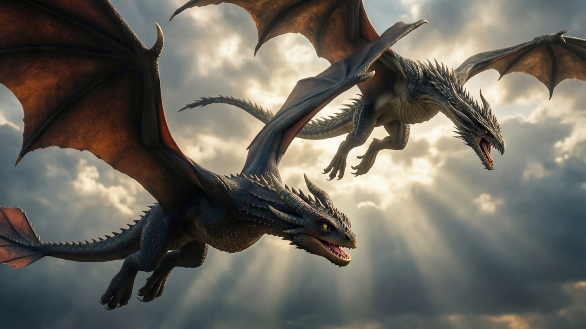 Dragon Flight 壁紙 — 兩條帶有尖刺鱗片和皮革翅膀的龍在陰雲密佈的天空中翱翔，陽光從它們身後透出。