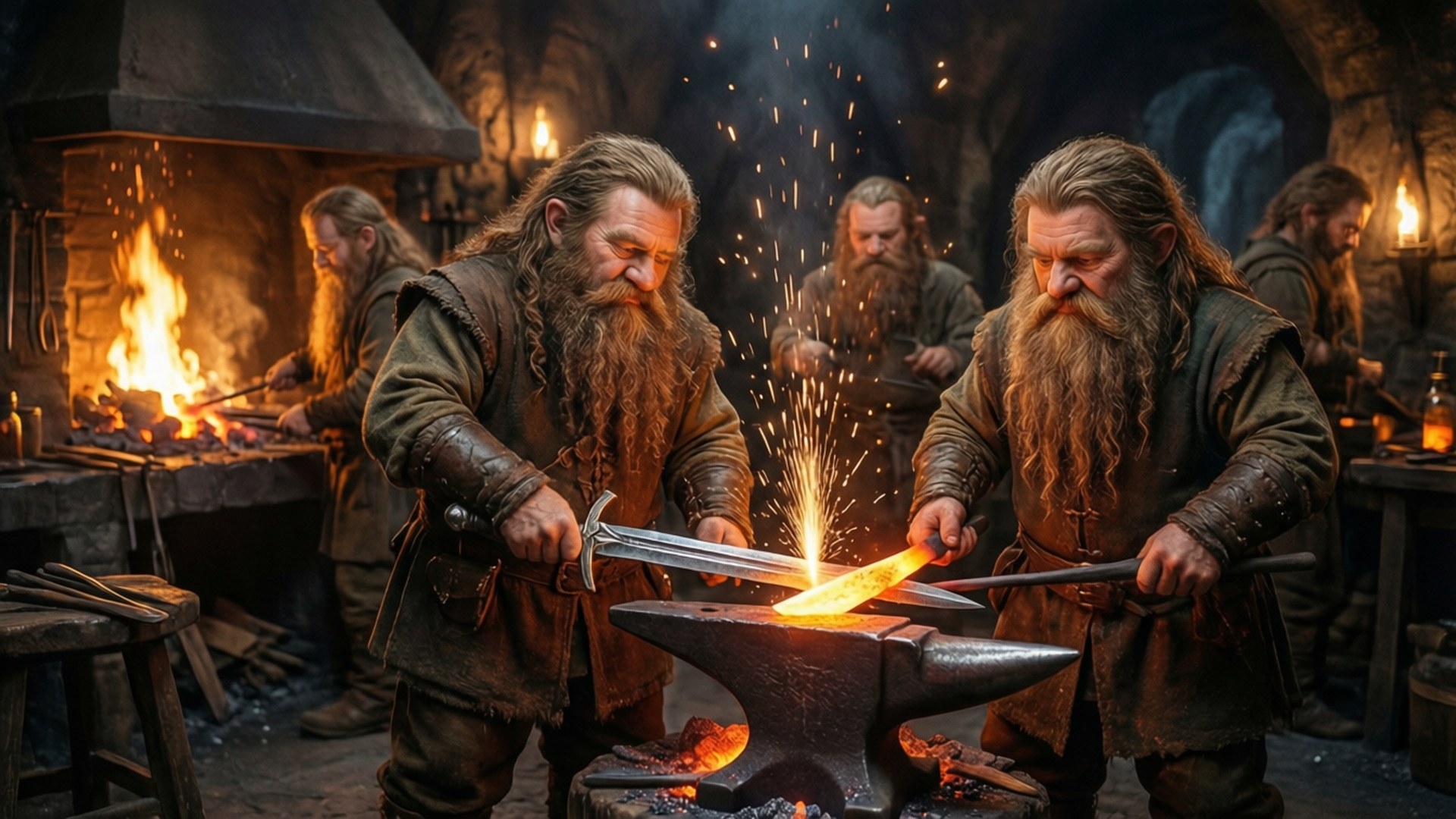 Dwarven Forge 壁紙 — 兩個鬍鬚矮人在火焰石鍛造廠的鐵砧上錘打一把發光的劍，火花四濺。