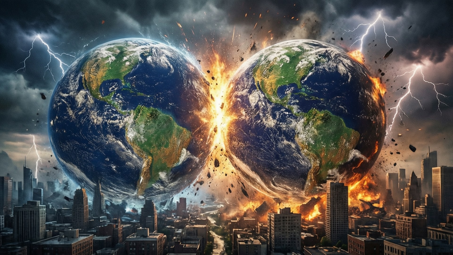 Collision of Worlds 壁紙 — 兩個地球在雷電交加的暴風雨天空下，於燃燒的城市上空爆炸。