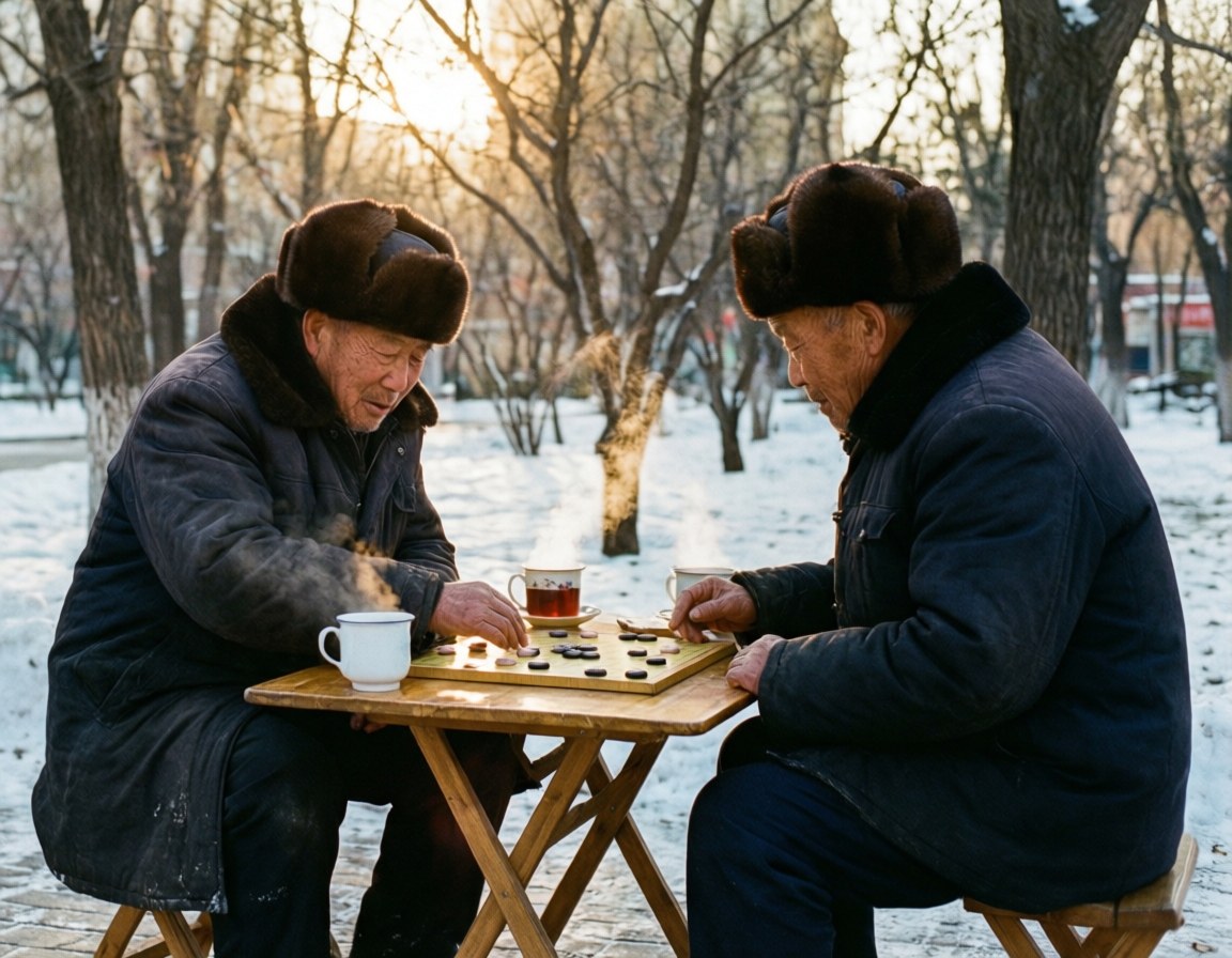 Winter Game in Park 壁紙 — 兩位戴皮帽的長者在雪地公園的木桌上玩圍棋，茶杯中升起蒸氣。