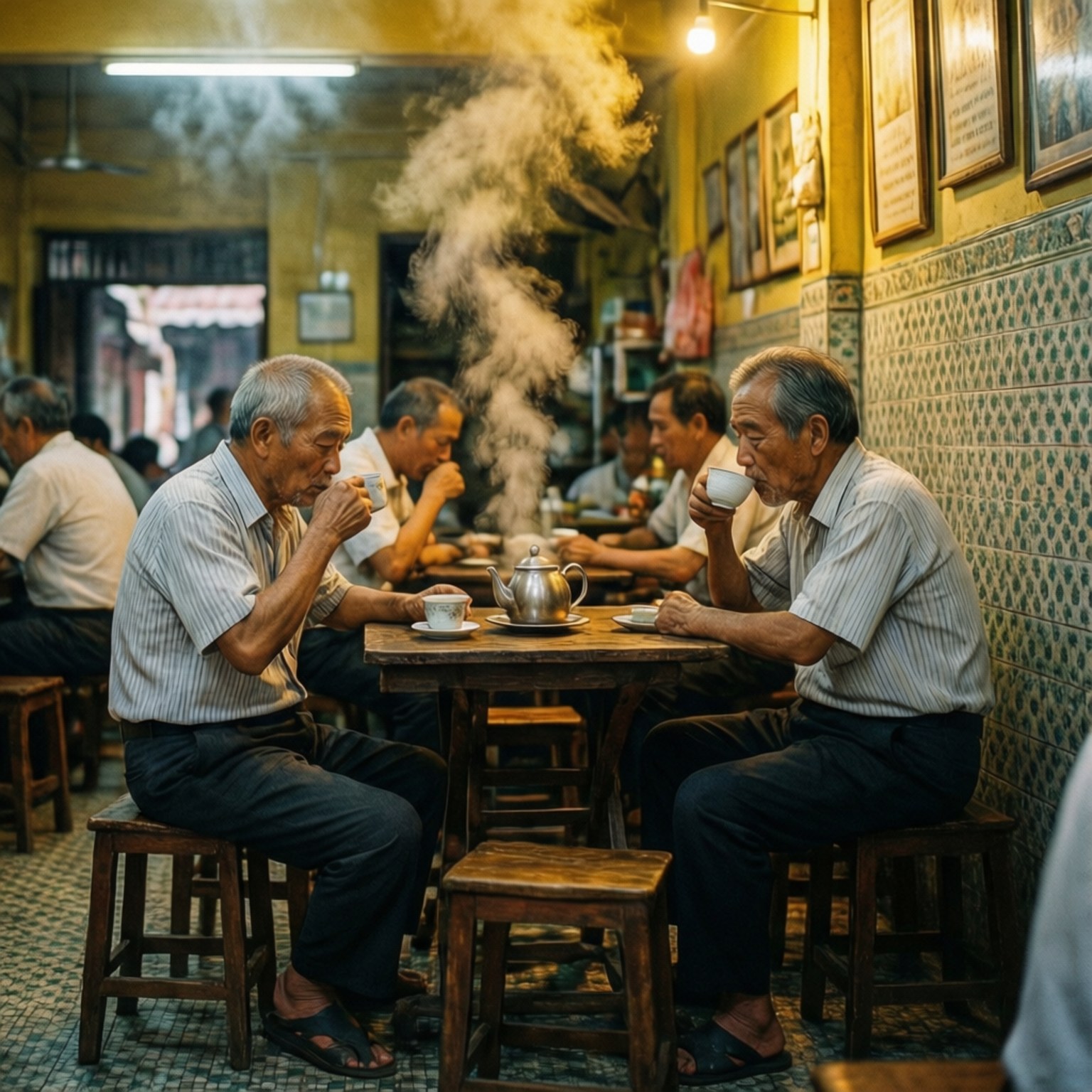Tea Shop Conversations 壁紙 — 兩位長者在傳統茶館的木桌上啜飲熱茶，茶館內有瓷磚牆壁和背景中的顧客，燈光溫暖。