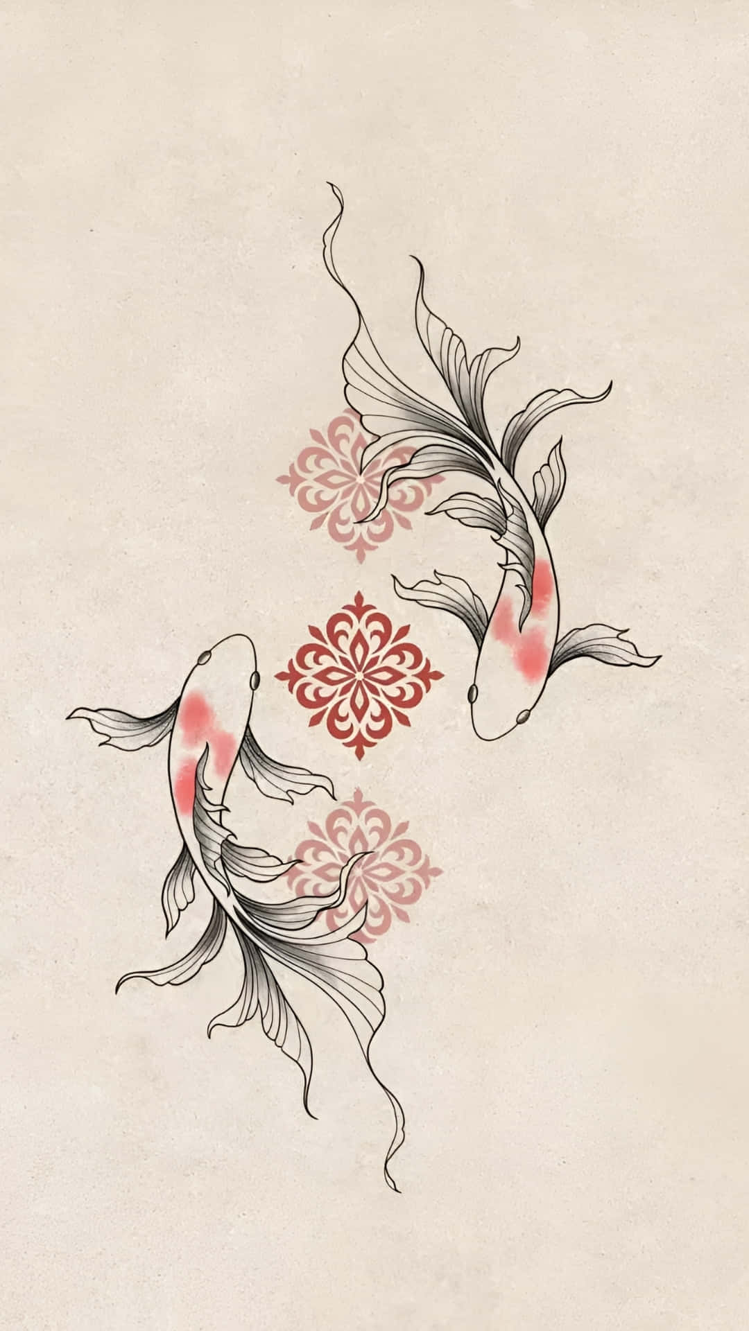  壁紙 — 兩條優雅的錦鯉在帶有紋理的米色背景上，圍繞華麗的紅色花卉圖案優雅地游動。