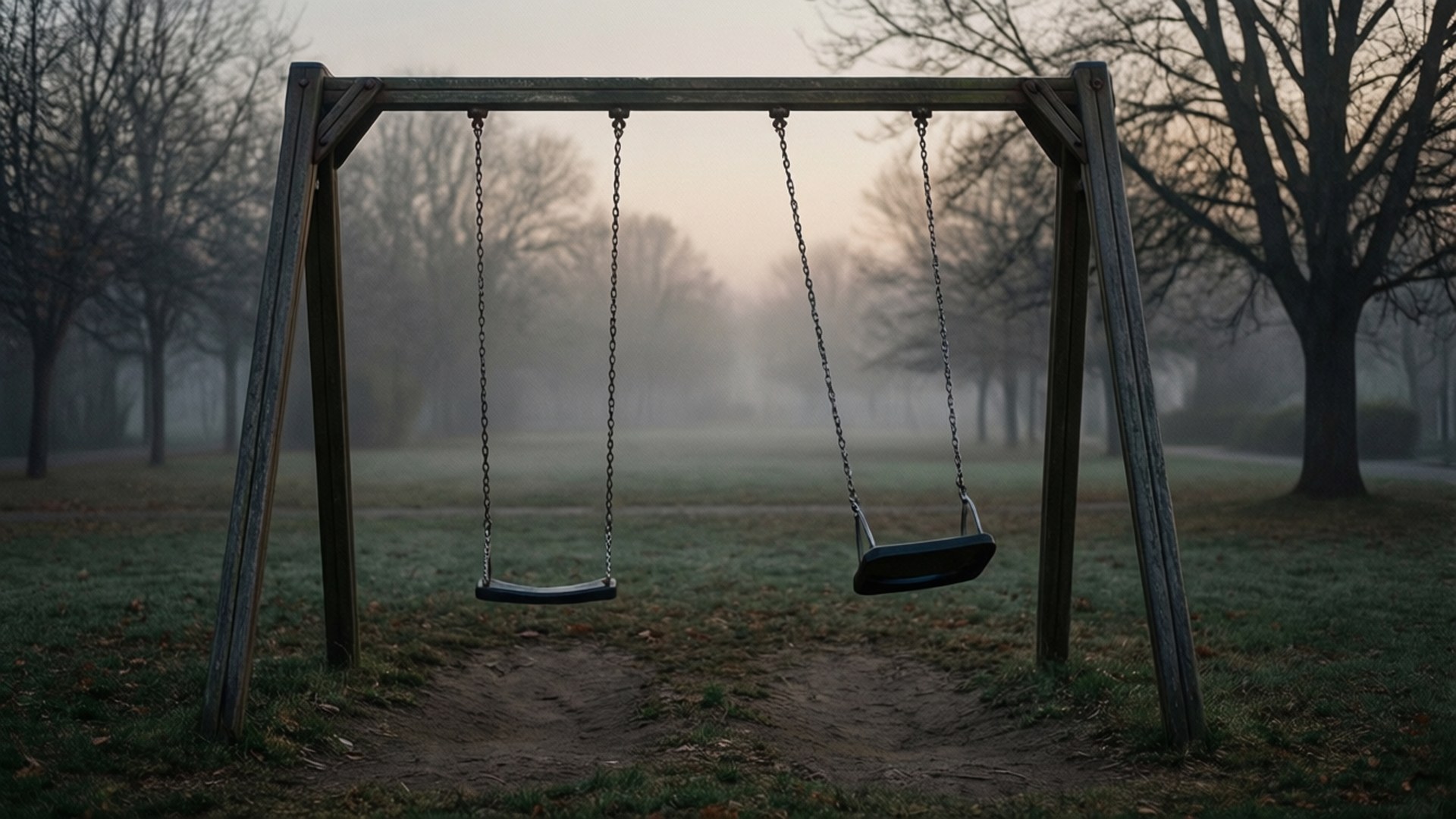 Anguish 桌布 壁紙 — 兩個空鞦韆在黎明時分霧氣瀰漫的公園中，靜靜地掛在木架上，樹木光禿，光線柔和灰暗。