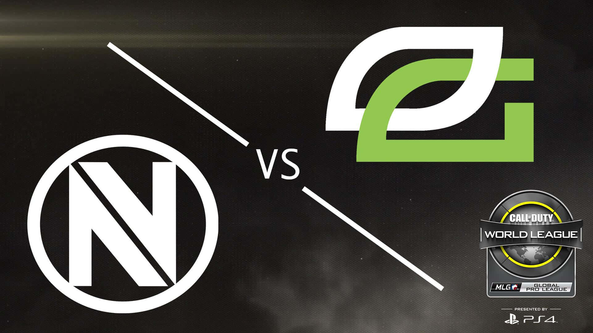 Optic Gaming 桌布 壁紙 — 兩個電競隊伍標誌在黑暗煙霧背景上對峙，中間以「VS」分隔，並帶有 Call of Duty World League 品牌標識。