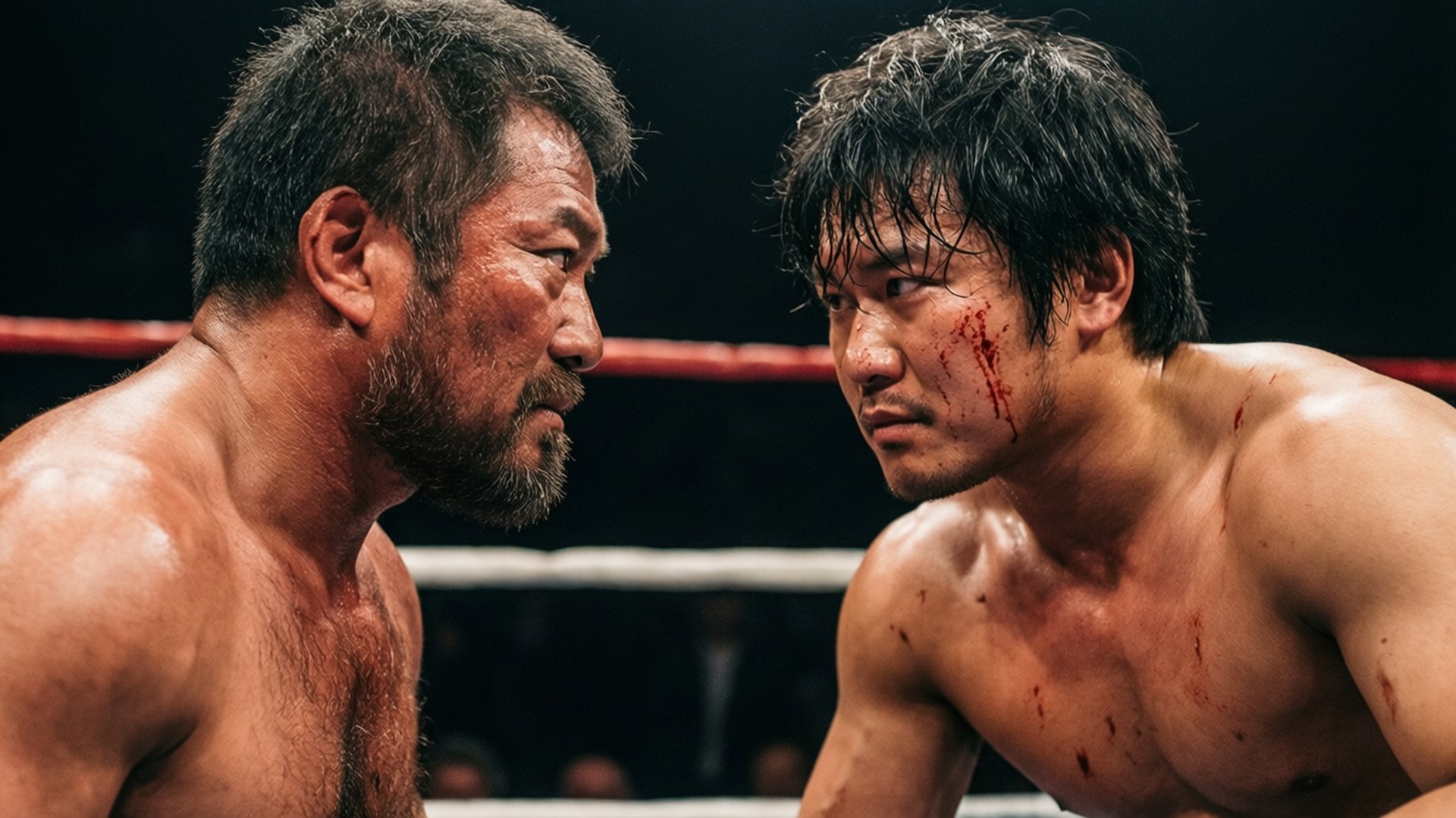 Rival Showdown 壁紙 — 兩名筋疲力盡的拳擊手在昏暗的擂台上對峙，臉上帶血，汗水在皮膚上閃閃發光。