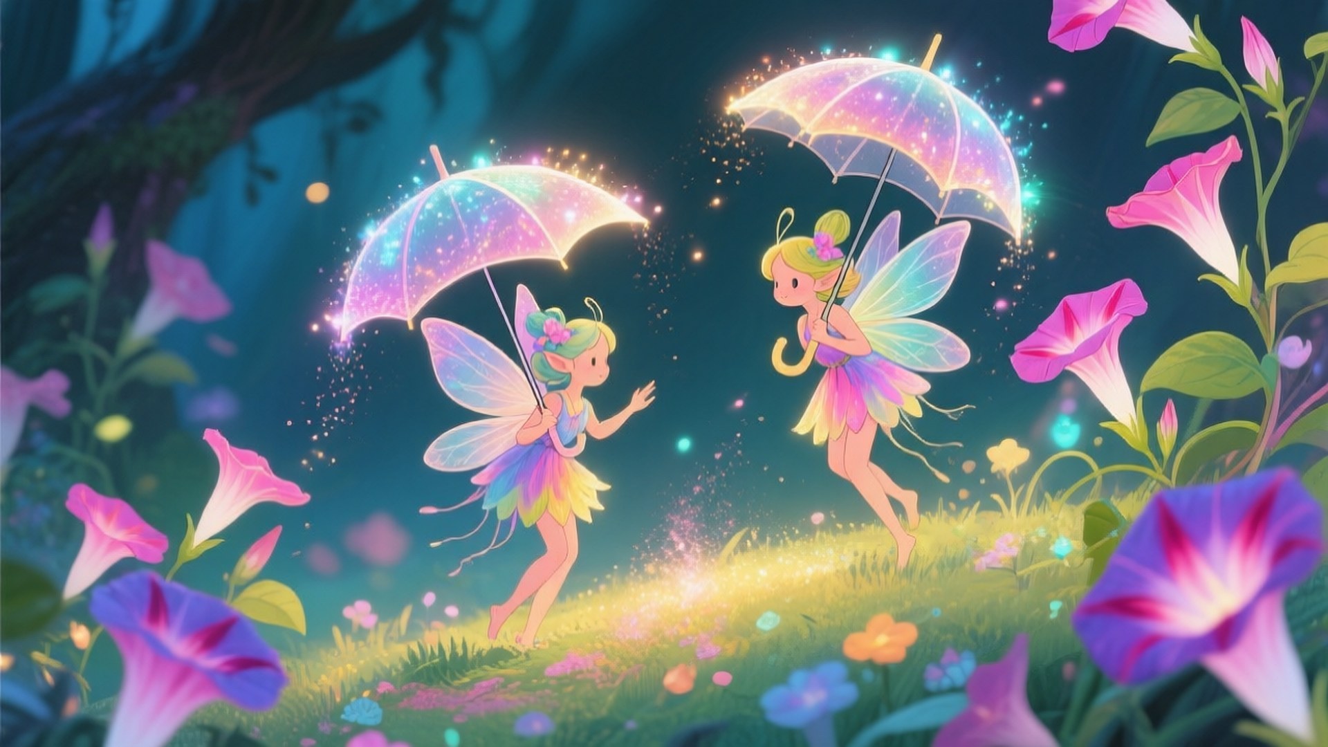 Fairy Tale Morning Glory 壁紙 — 兩個帶著發光雨傘的精靈在魔法暮光森林中的紫色牽牛花間跳舞。