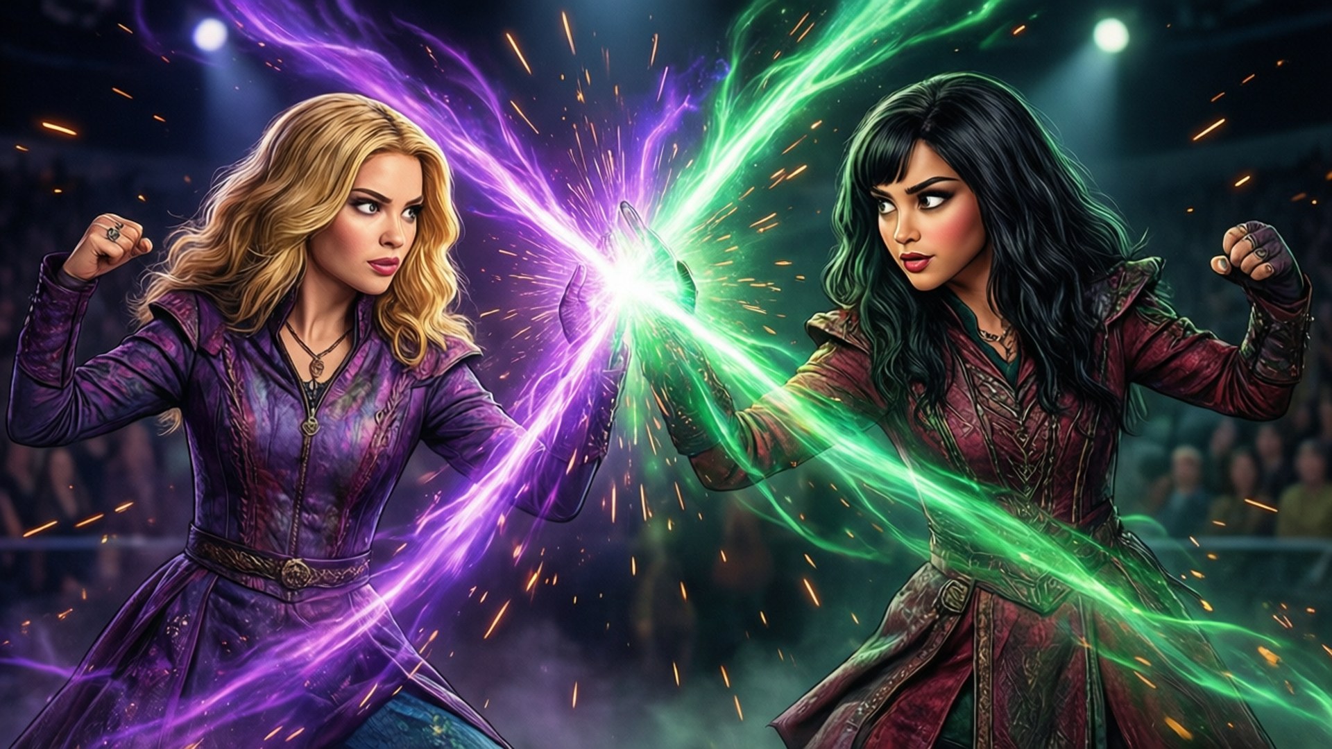 Magic Duel 壁紙 — 兩名女戰士以紫色和綠色的魔法光束碰撞，火花四濺，展開一場戲劇性的競技場戰鬥。