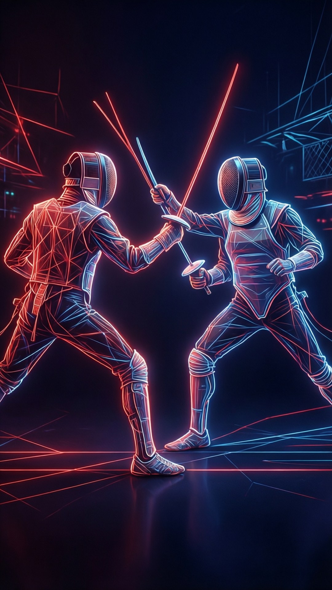 Neon Fencing Abstract 壁紙 — 兩名劍擊手身穿發光霓虹線框裝備，在紅藍雷射線照亮的黑暗競技場中交鋒。