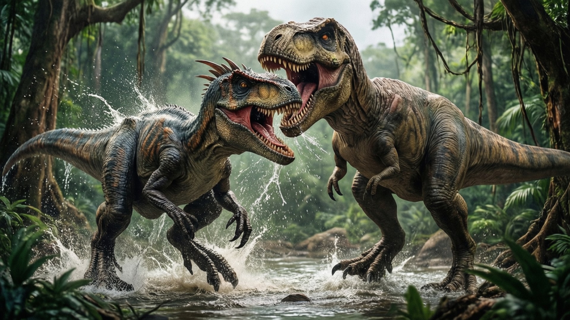 Spinosaurus vs T-Rex 壁紙 — 兩隻兇猛的恐龍在泥濘的叢林溪流中碰撞，噴水並互相咆哮。