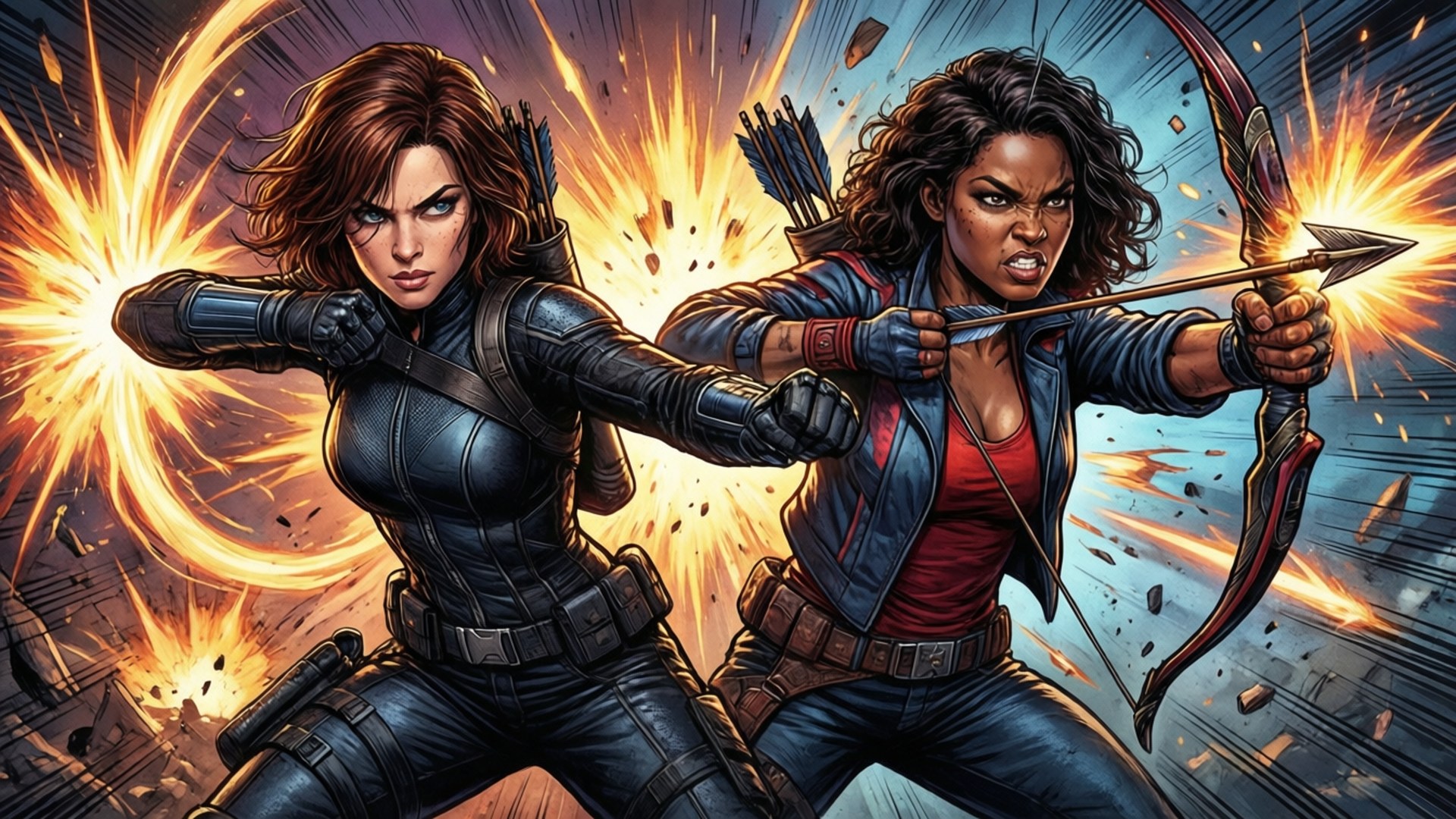Champions Team-Up 壁紙 — 兩名身穿戰術裝備的兇猛女弓箭手在動態漫畫動作場景中瞄準箭矢，釋放爆炸性能量。