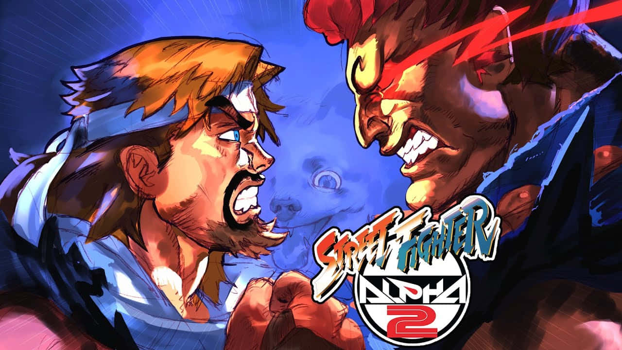  壁紙 — 兩位兇猛的戰士在《街頭霸王 Alpha 2》的動態動漫風格戰鬥場景中激烈交鋒，伴隨著鮮豔的紅色和藍色燈光。