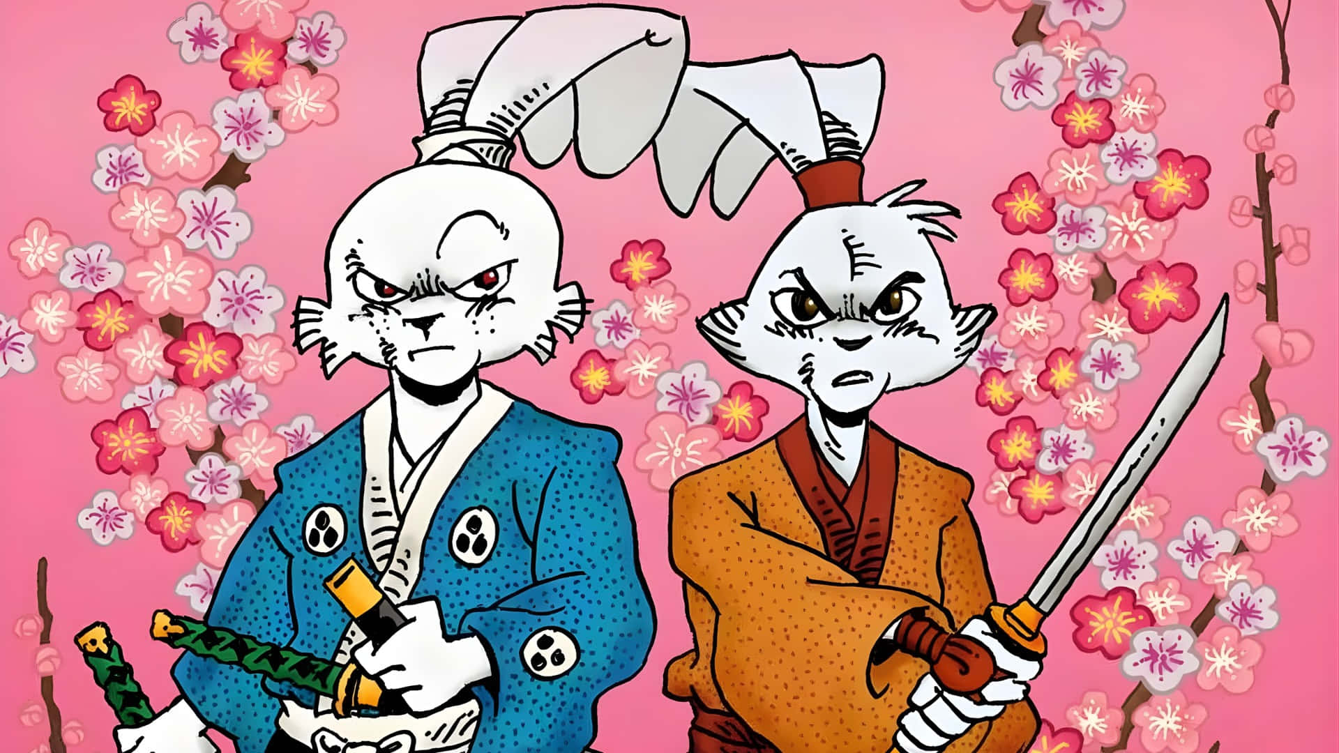  壁紙 — 兩隻兇猛的兔子武士穿著傳統長袍，站在盛開的櫻花中，背景為粉紅色。