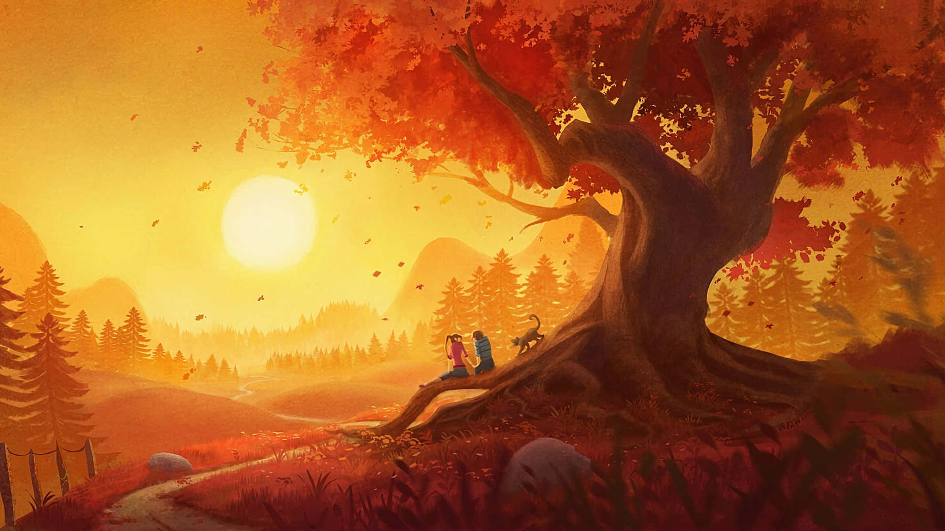 Sunset Painting 桌布 壁紙 — 兩個人物和一隻狗在一棵巨樹下休息，秋天的樹葉在霧氣森林中圍繞著發光的太陽旋轉。