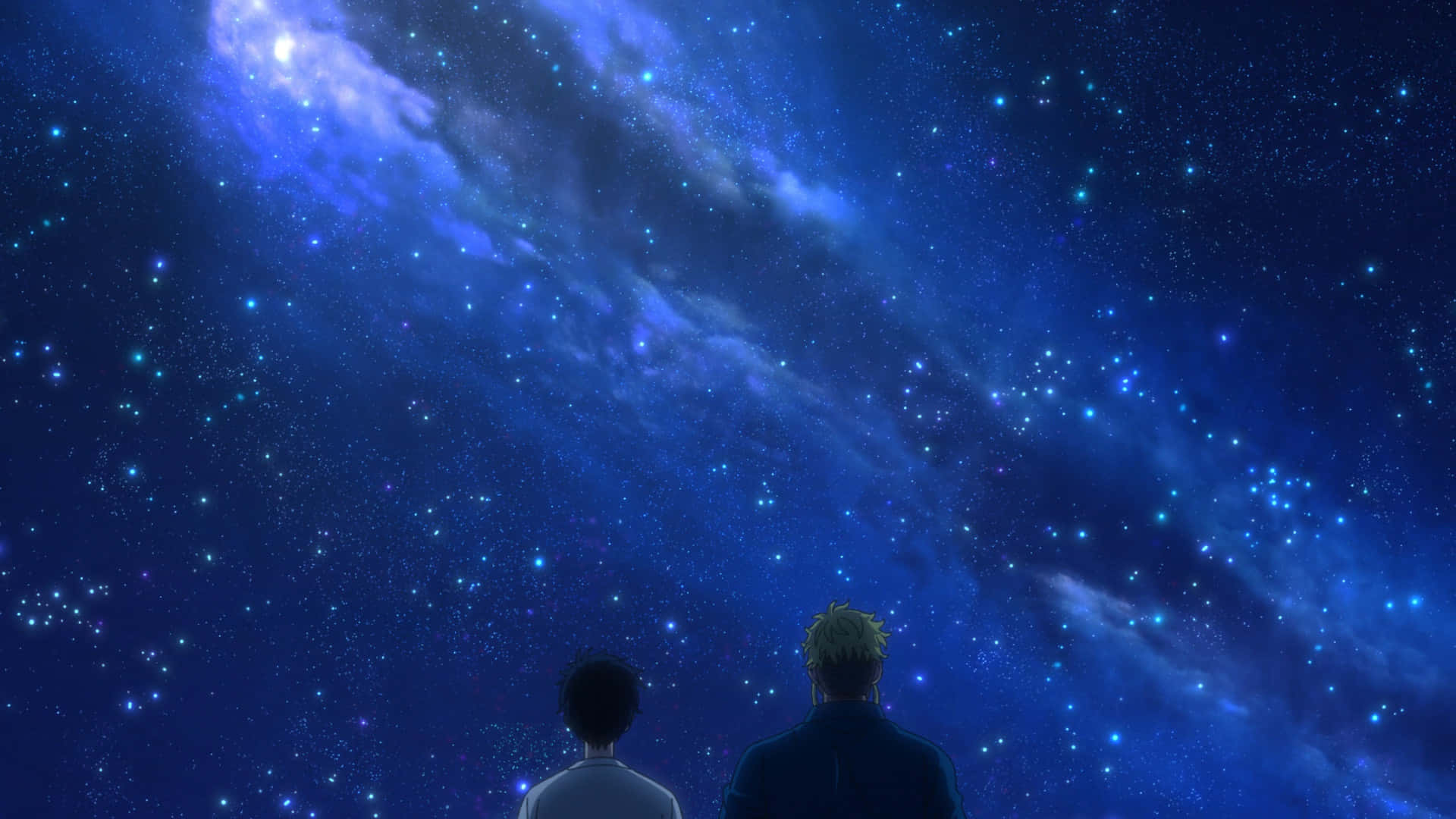  壁紙 — 兩個人物仰望廣闊的星空夜空，充滿了發光的藍色星雲和無數閃爍的星星。