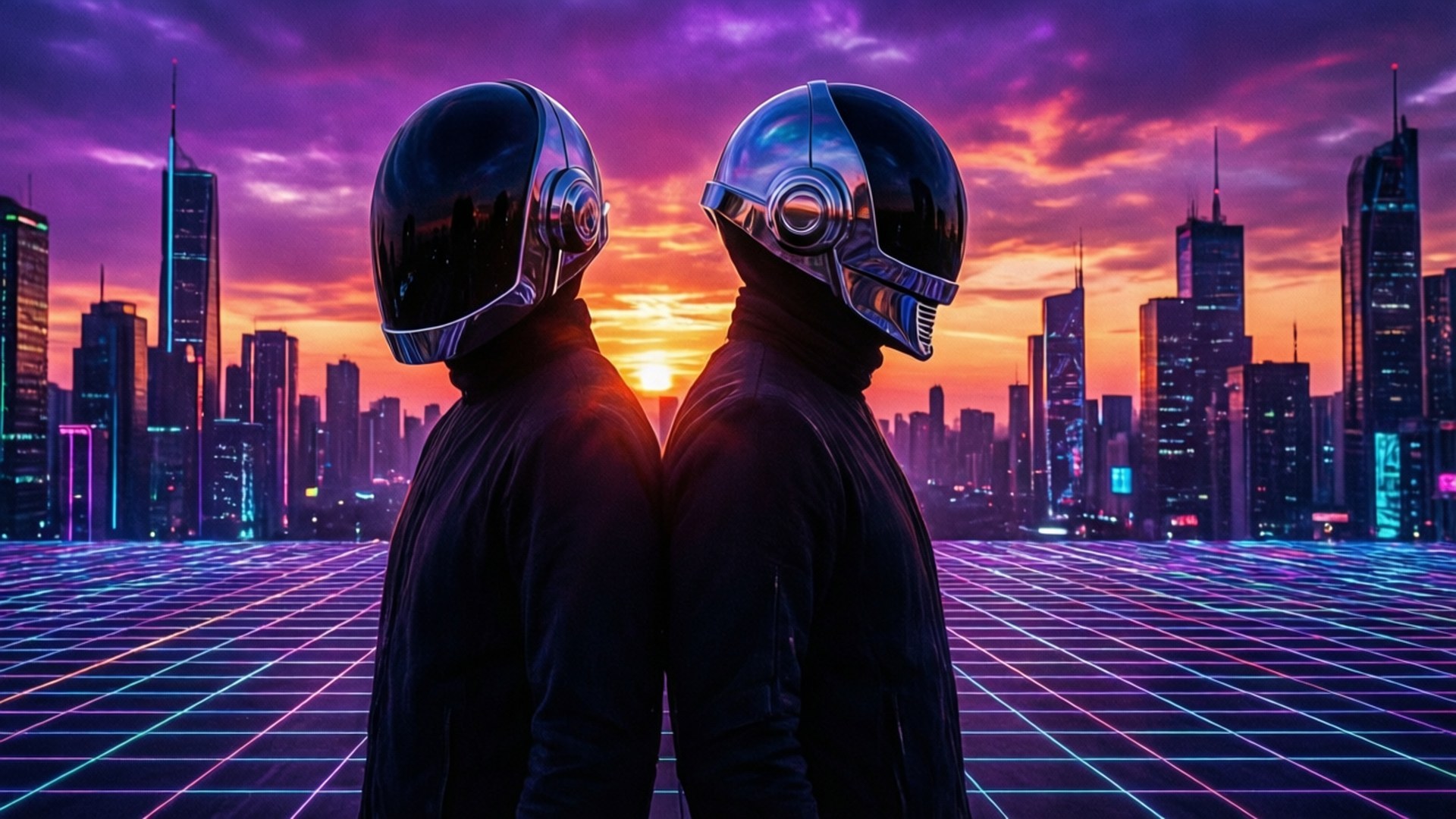 Neon City Sunset Duo 壁紙 — 兩個戴著反光鉻合金頭盔的人物背對背站在發光的網格上，俯瞰著日落時分霓虹燈閃爍的未來城市。