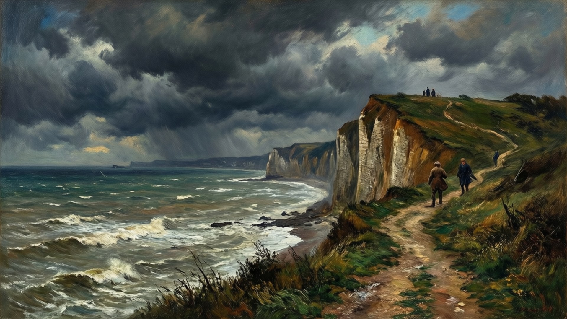 Pourville Cliff Walk 壁紙 — 兩個人物在蜿蜒的懸崖小徑上行走，旁邊是洶湧的海浪，下方是陰沉暴風雨的天空。