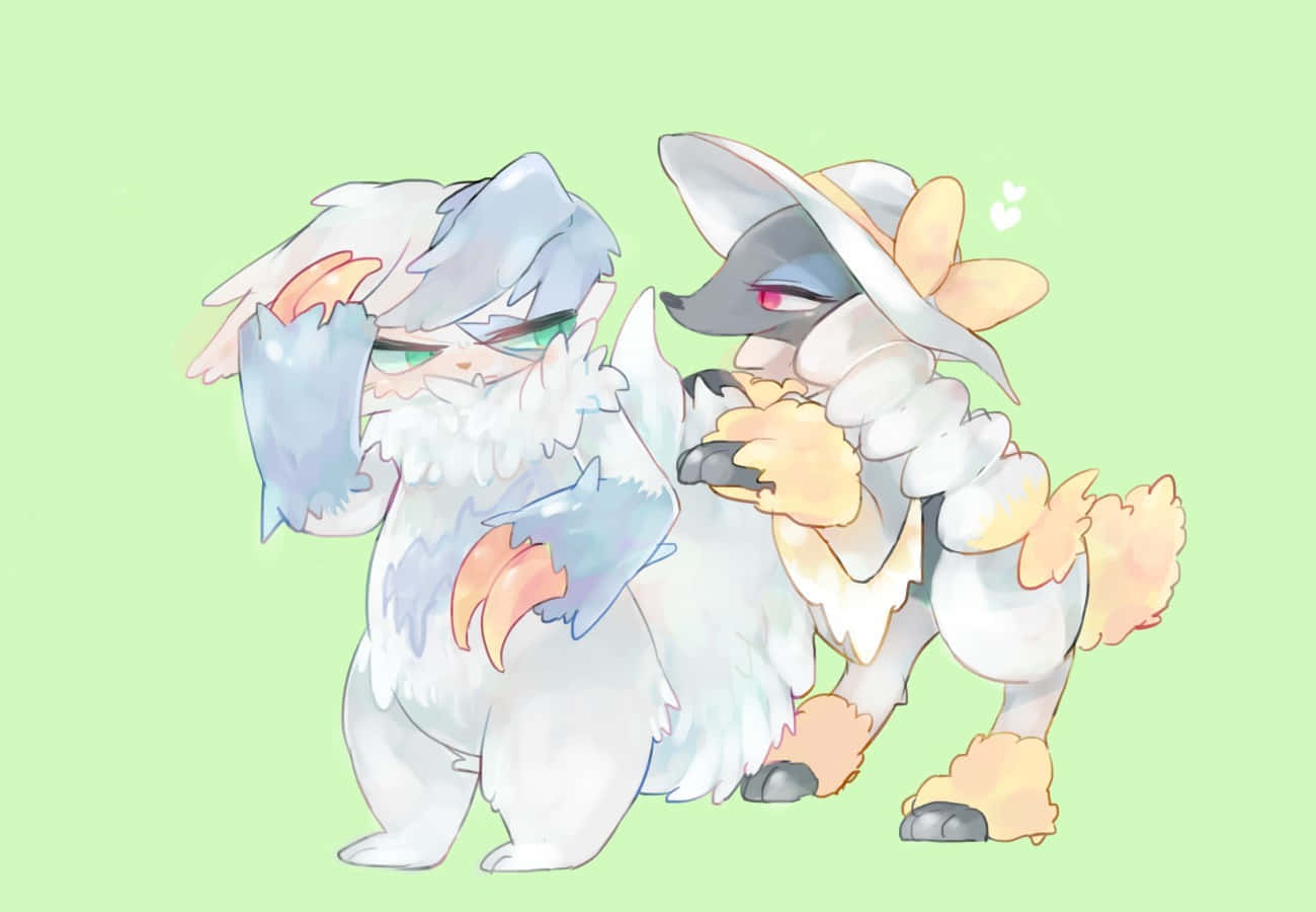 Furfrou 桌布 壁紙 — 兩個毛茸茸的動漫風格寶可夢角色在柔和的薄荷綠色背景上頑皮地擺姿勢。