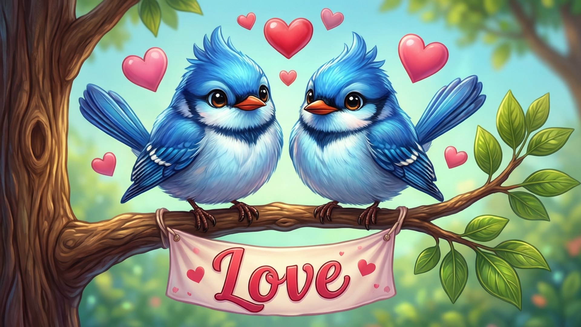 Cartoon Lovebirds 壁紙 — 兩隻毛茸茸的藍色小鳥棲息在樹枝上，周圍環繞著粉紅色愛心和寫有Love的橫幅。
