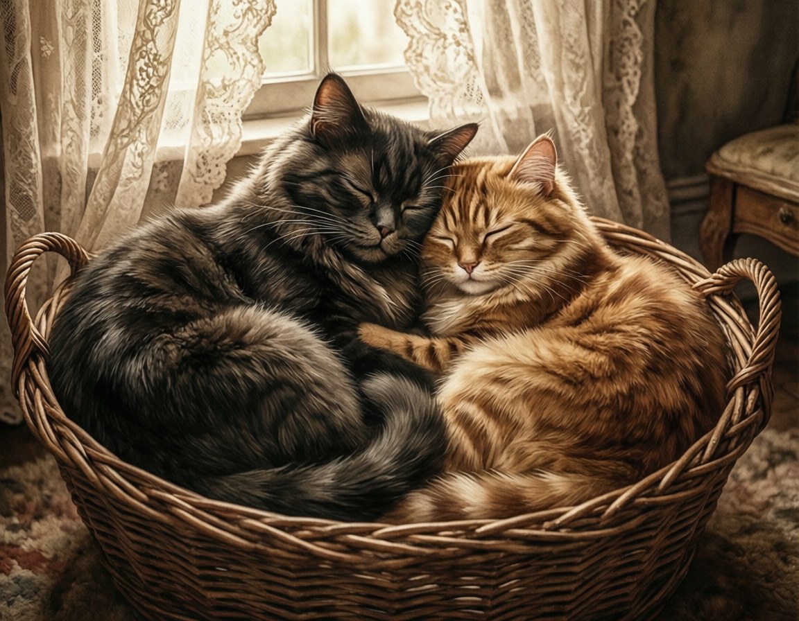 Peaceful Naptime 壁紙 — 兩隻毛茸茸的貓，一隻深灰色和一隻薑黃色，在蕾絲窗簾窗邊的柳條籃子裡蜷縮在一起睡覺。