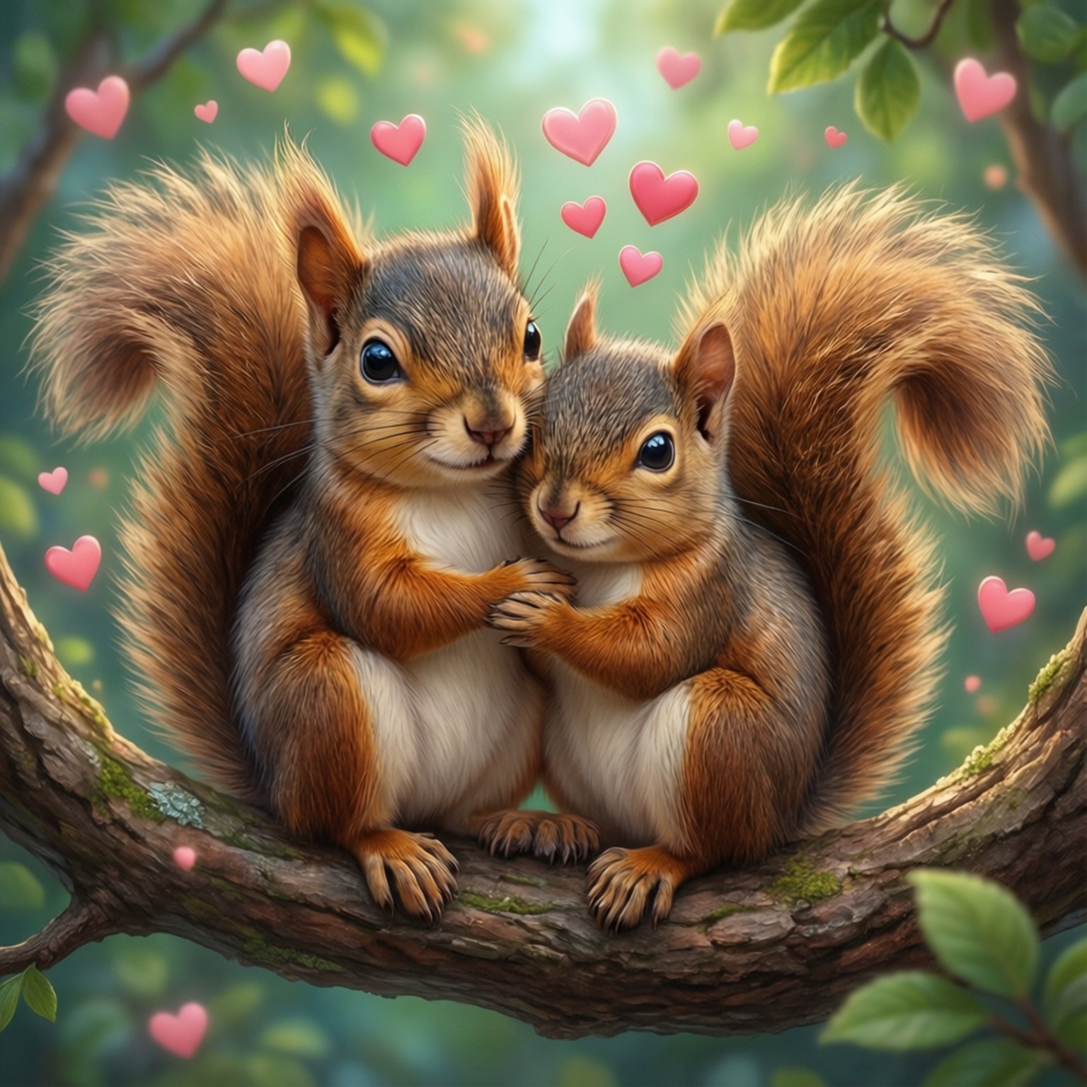 Cuddling Squirrel Couple 壁紙 — 兩隻毛茸茸的紅松鼠在長滿苔蘚的樹枝上依偎，粉紅色的心形在陽光明媚的森林中漂浮在它們周圍。