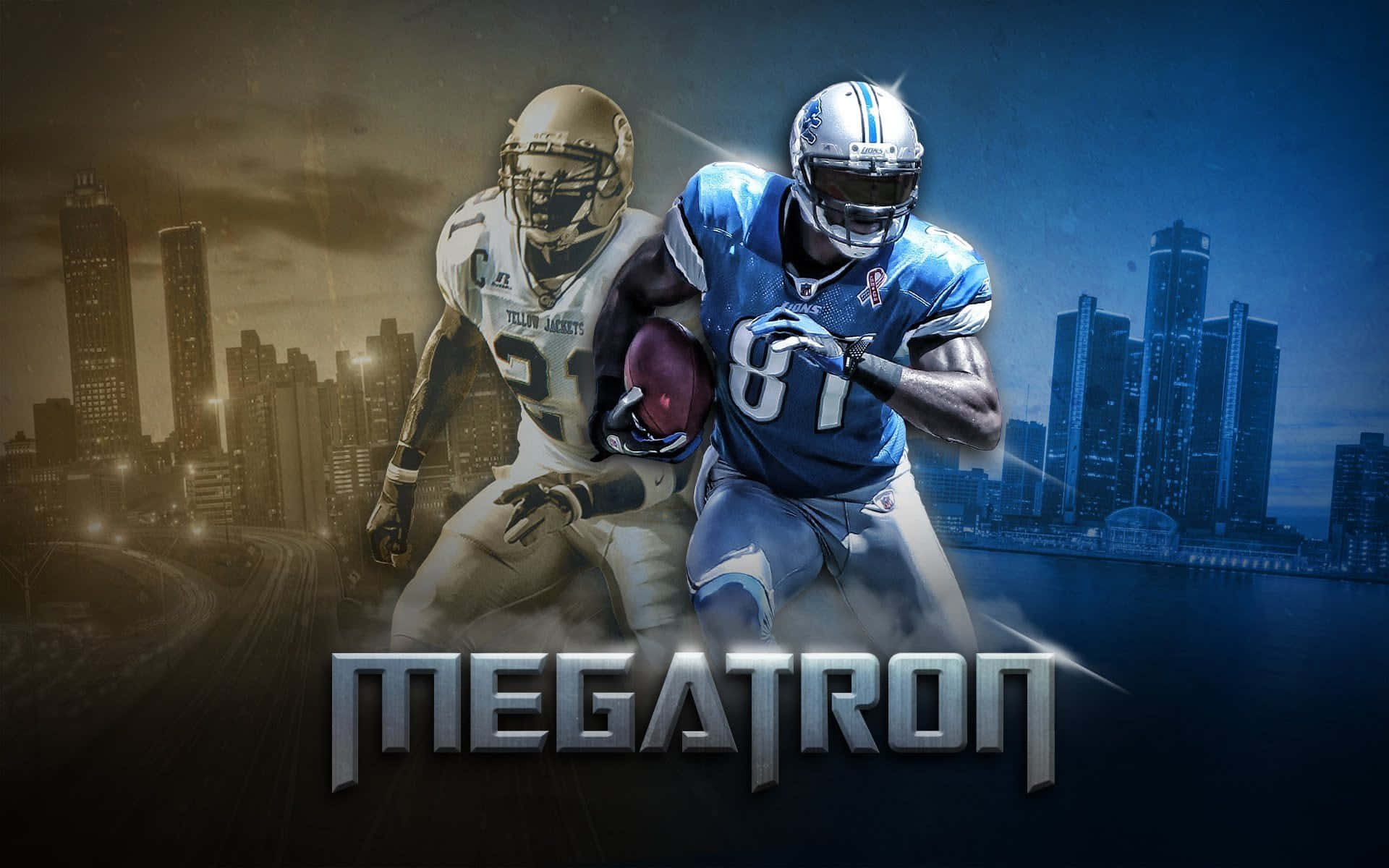  壁紙 — 兩名足球運動員在分裂的城市天際線背景下行動，帶有發光的「MEGATRON」文字。