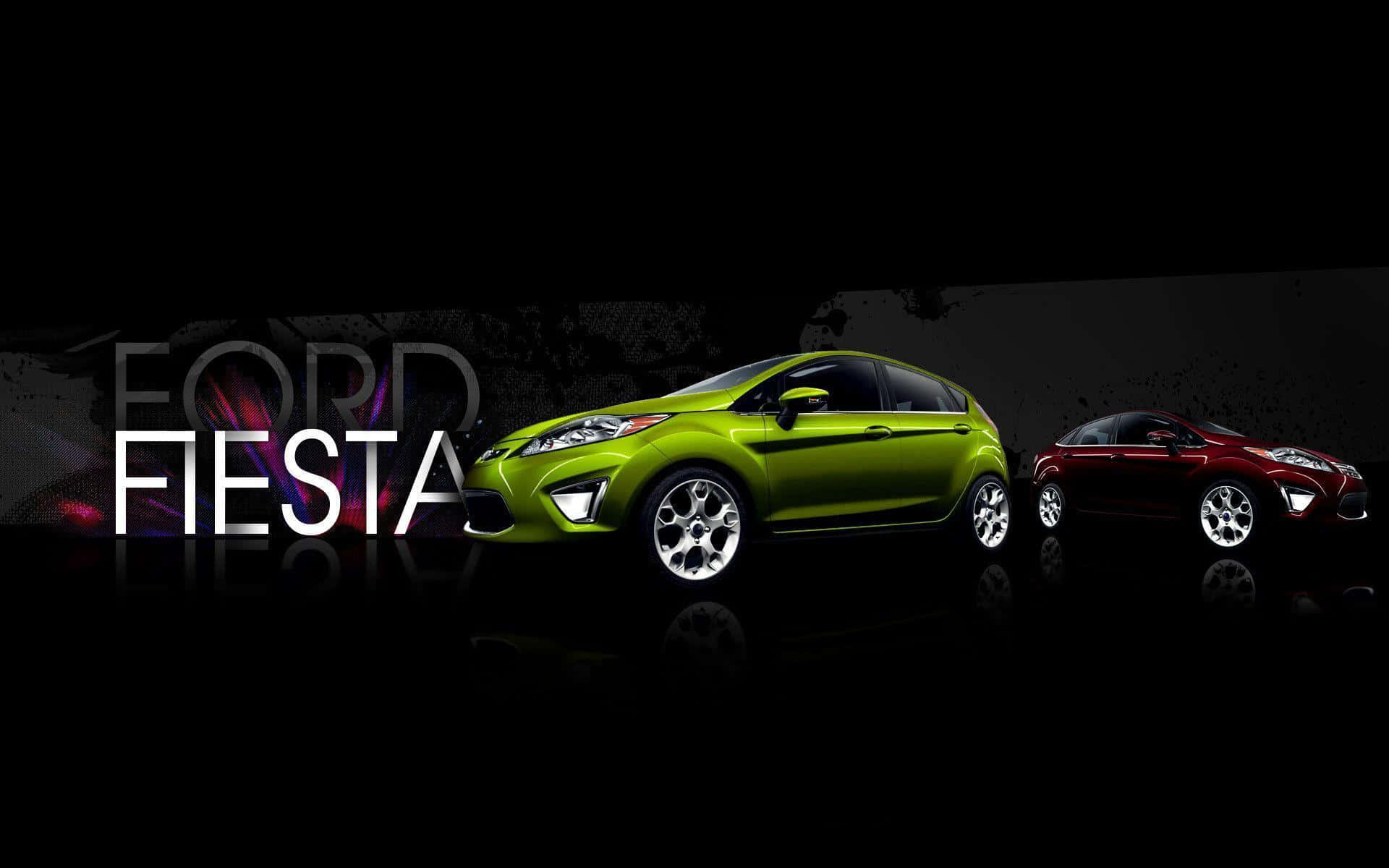 Ford Fiesta 桌布 壁紙 — 兩輛福特Fiesta汽車，一輛萊姆綠色，一輛紅色，在深色背景上展示，帶有發光文字。