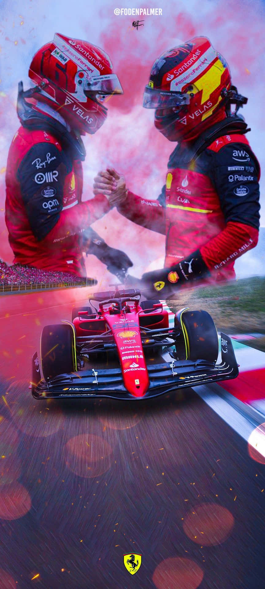  壁紙 — 兩名身穿紅色法拉利賽車服的F1車手在賽道上，於他們疾馳的紅色賽車上方握手，賽道上有粉紅色煙霧和火花。