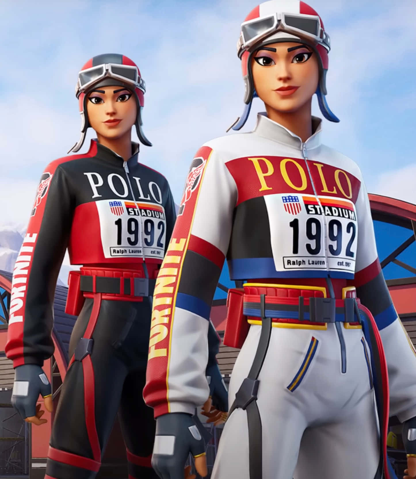  壁紙 — 兩個《要塞英雄》角色身穿1992年 Polo Stadium 賽車裝備，自信地站在明亮的藍天下。