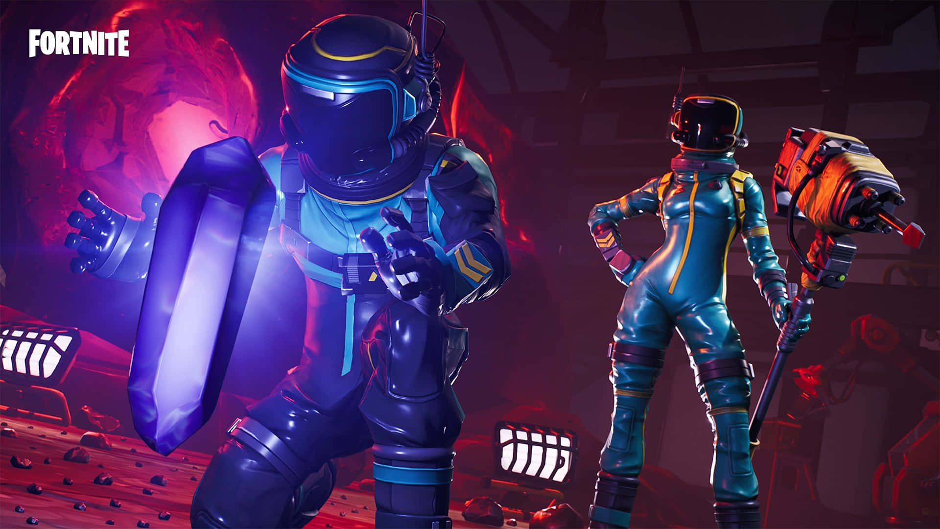  壁紙 — 兩個穿著未來藍色盔甲的Fortnite角色，手持盾牌和錘子，準備好面對發光的紅色外星行星背景。