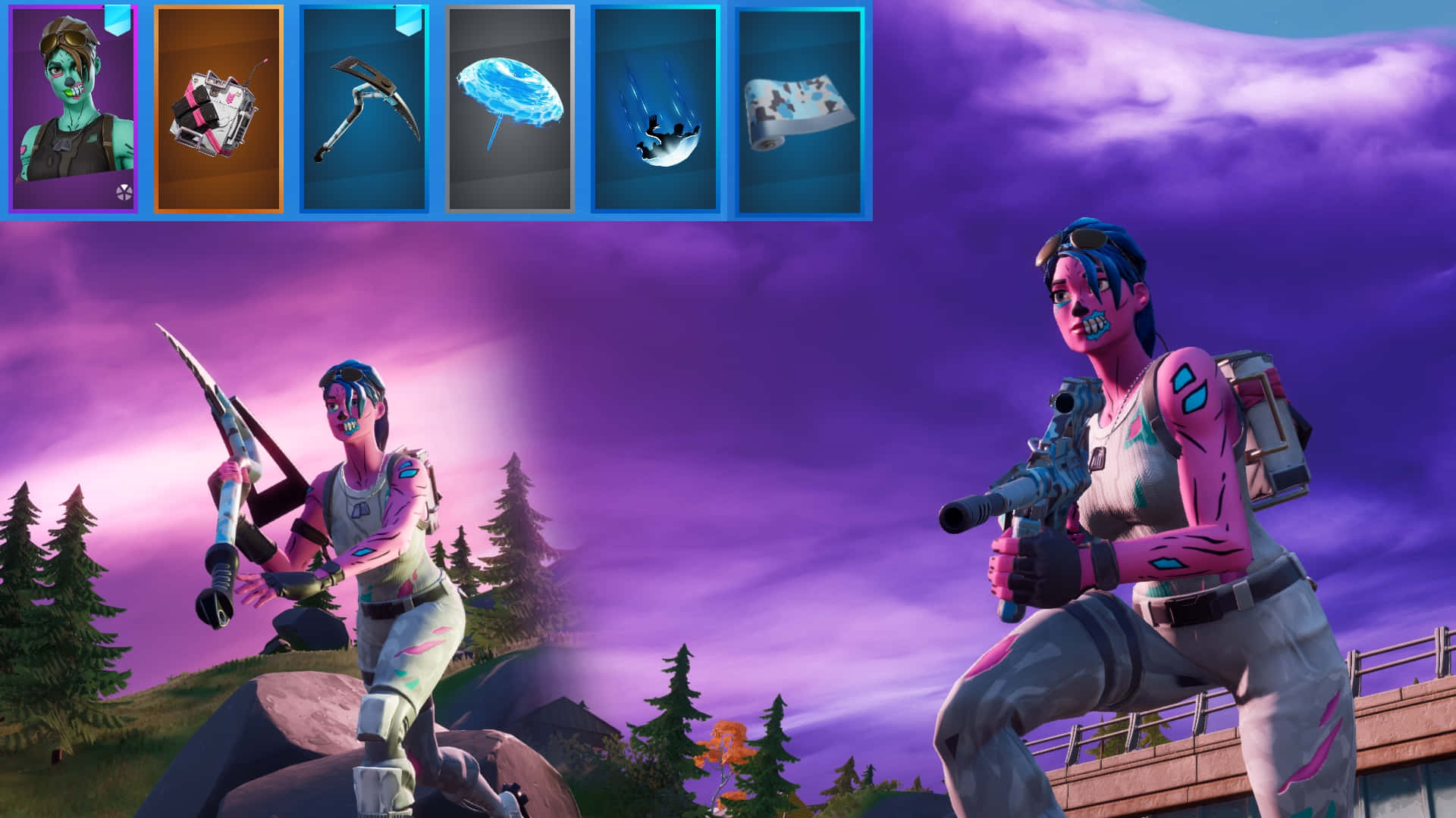  壁紙 — 兩個身穿粉紅色和灰色裝備的Fortnite角色，在紫色黃昏天空和松樹背景下，手持武器蹲下。