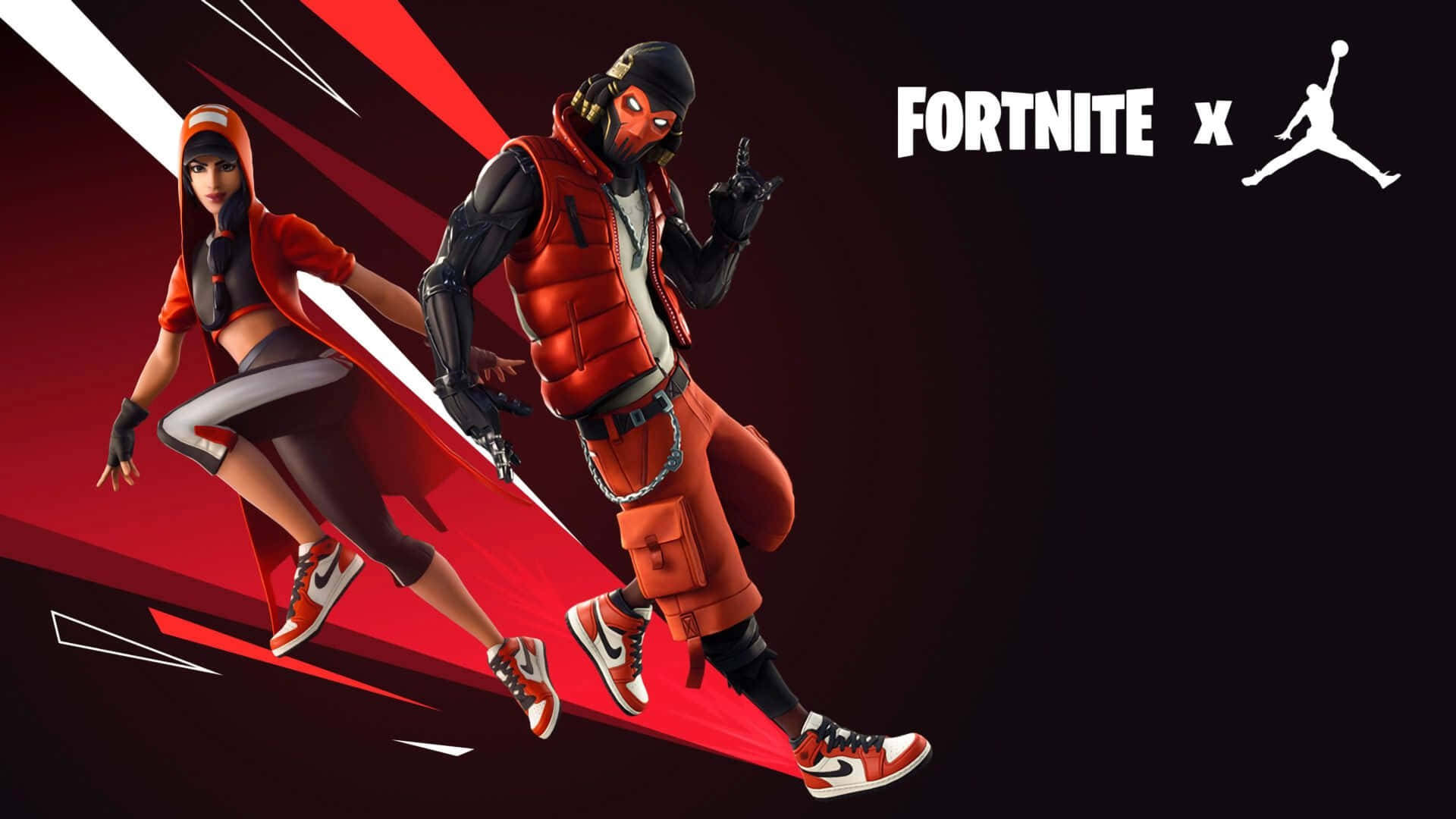  壁紙 — 兩個穿著紅色和黑色服裝、搭配Jordan運動鞋的Fortnite角色，在深紅色幾何背景前動態擺姿勢。