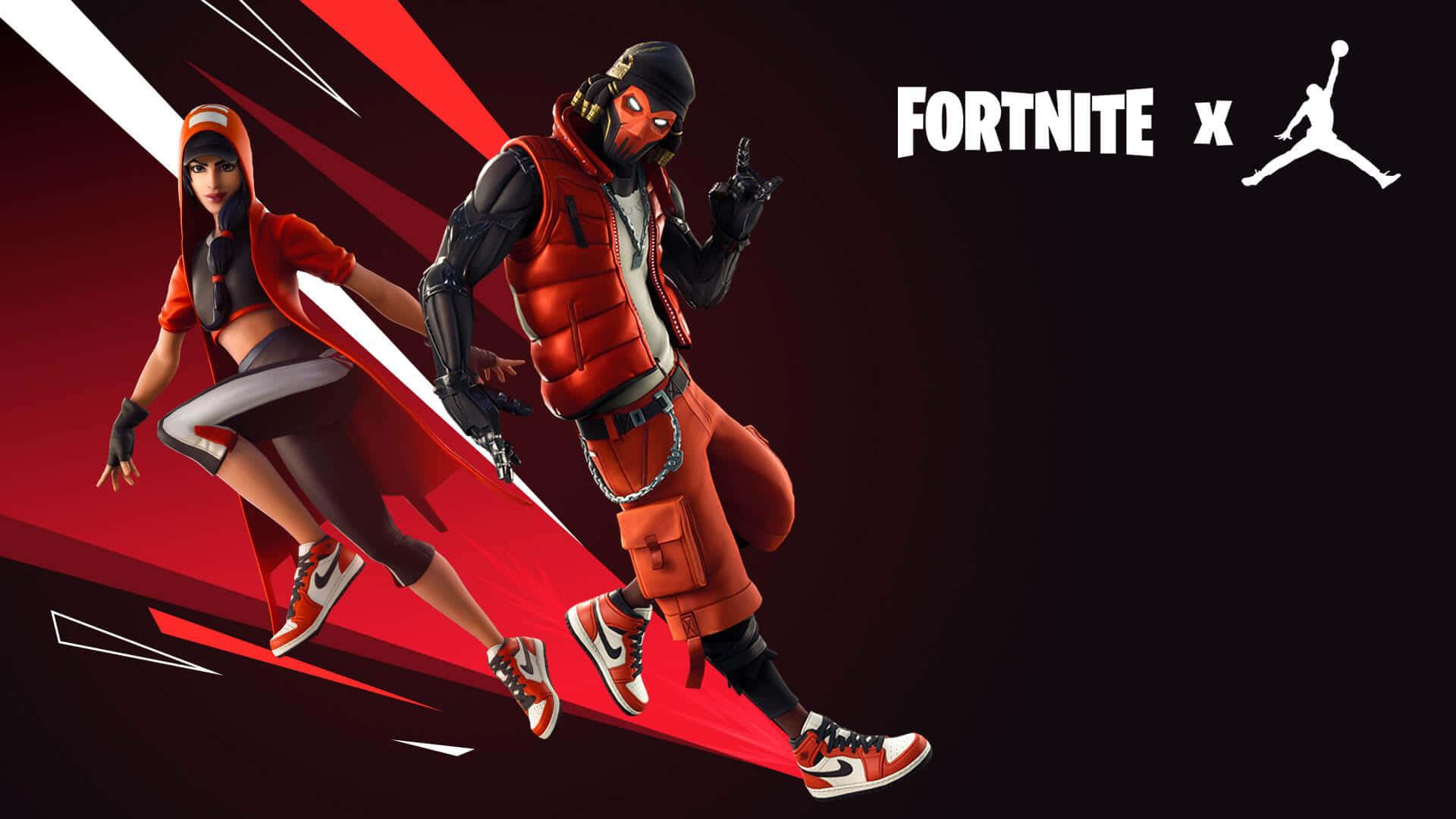  壁紙 — 兩個穿著紅色Jordan服裝的Fortnite角色在帶有紅色對角線條的深色背景上動態擺姿勢。