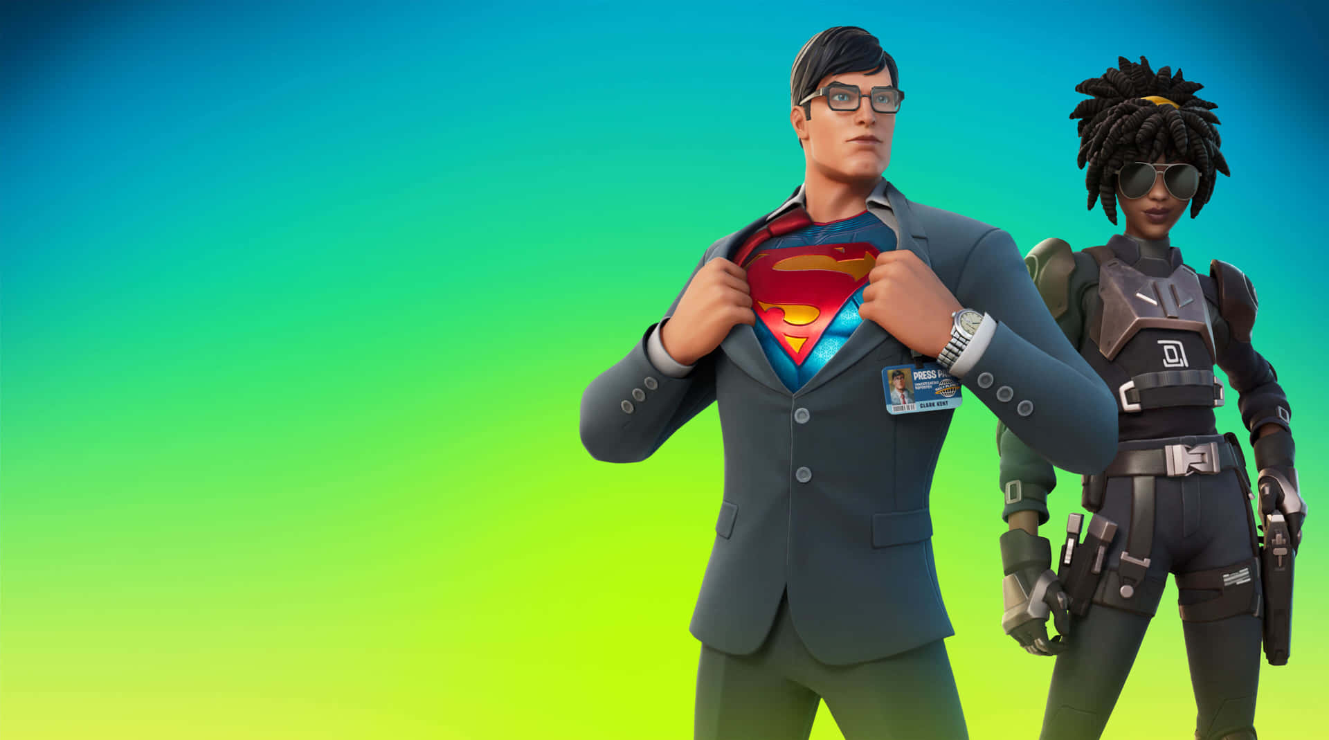 壁紙 — 兩個 Fortnite 角色，一個在套裝下露出超人標誌，另一個穿著戰術裝備，背景是鮮豔的漸變色。