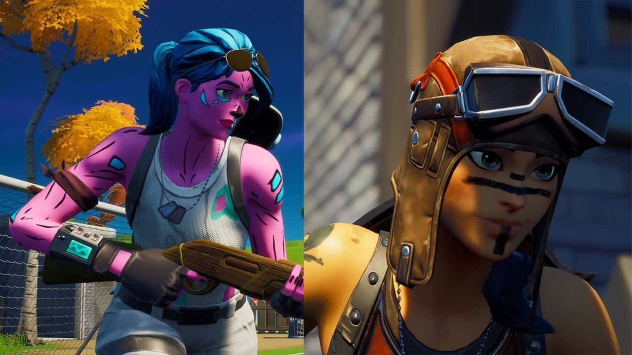  壁紙 — 兩個Fortnite角色，一個藍色頭髮和粉紅色皮膚，手持霰彈槍，另一個戴著飛行員頭盔和護目鏡。