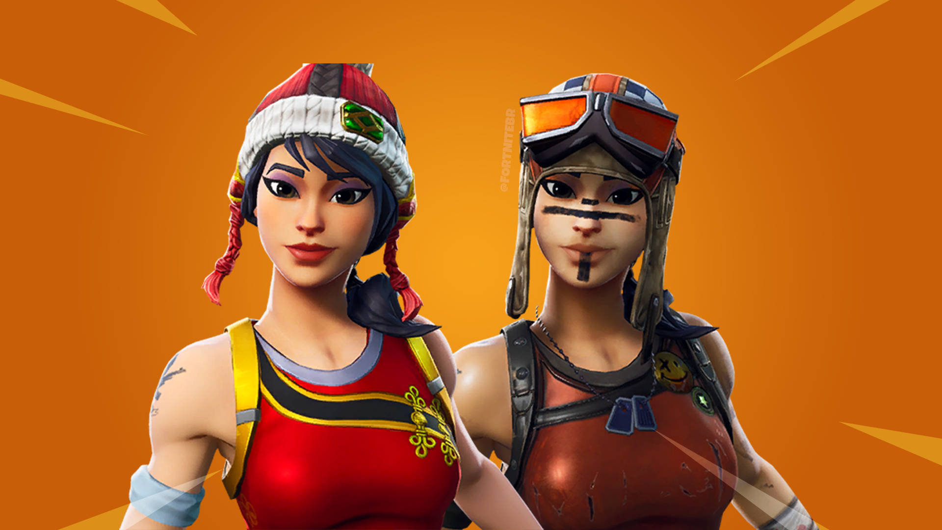 兩個穿著色彩繽紛服裝和頭飾的 Fortnite 角色在橙色背景前。 — Fortnite 壁紙