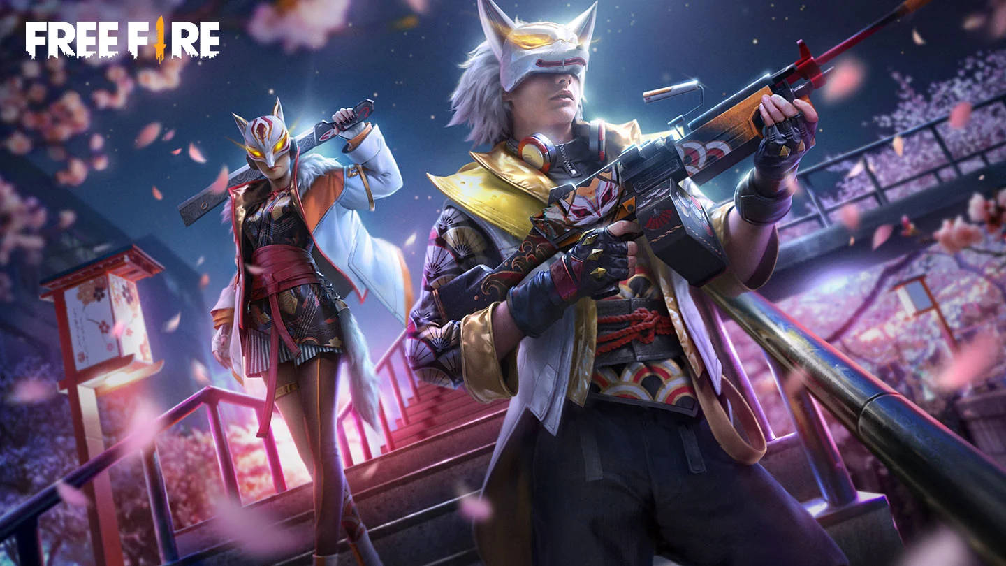兩名動漫風格的狐狸戰士，在夜晚的櫻花橋上手持步槍。 — Free Fire 壁紙