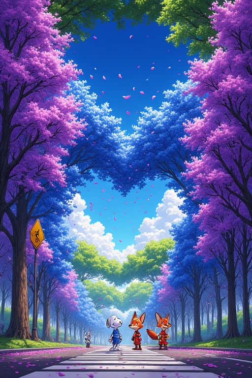 兩隻狐狸和一隻狗在樹木成蔭的道路上行走，紫色和藍色的花朵飄落。 — 4K 壁紙