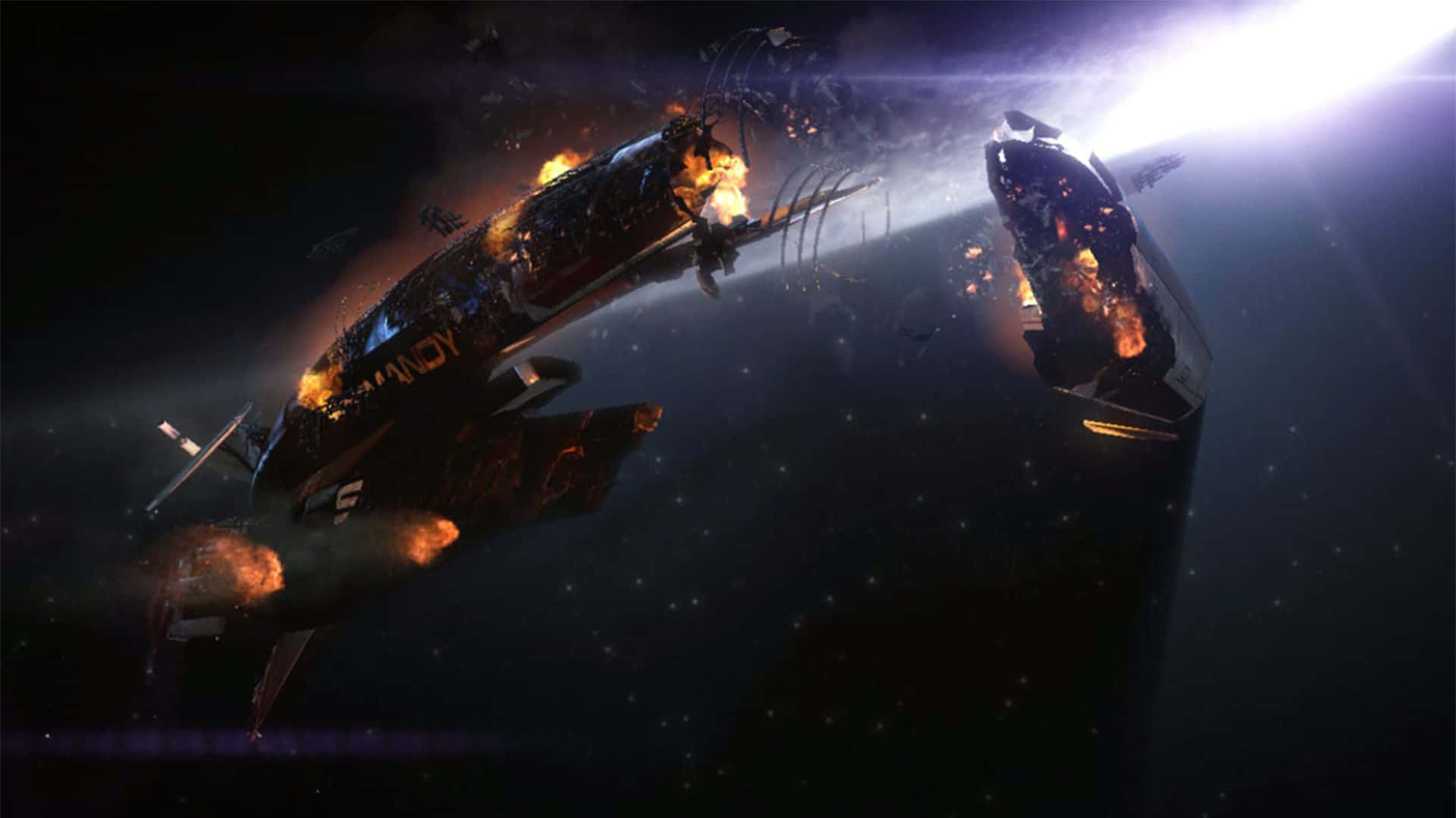 Mass Effect 2 桌布 壁紙 — 兩艘未來風格的太空船在佈滿星空的虛空中爆炸，右側迸發出明亮的光芒。
