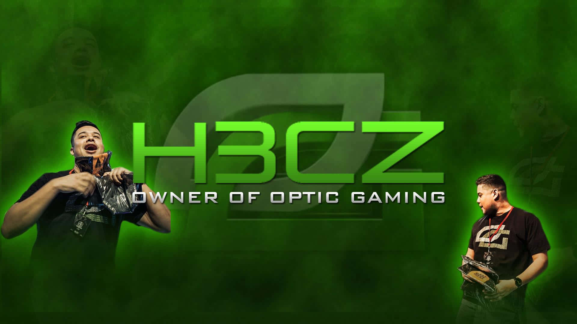 Optic Gaming 桌布 壁紙 — 兩名玩家在帶有H3CZ標誌和文字的發光綠色背景下慶祝勝利。