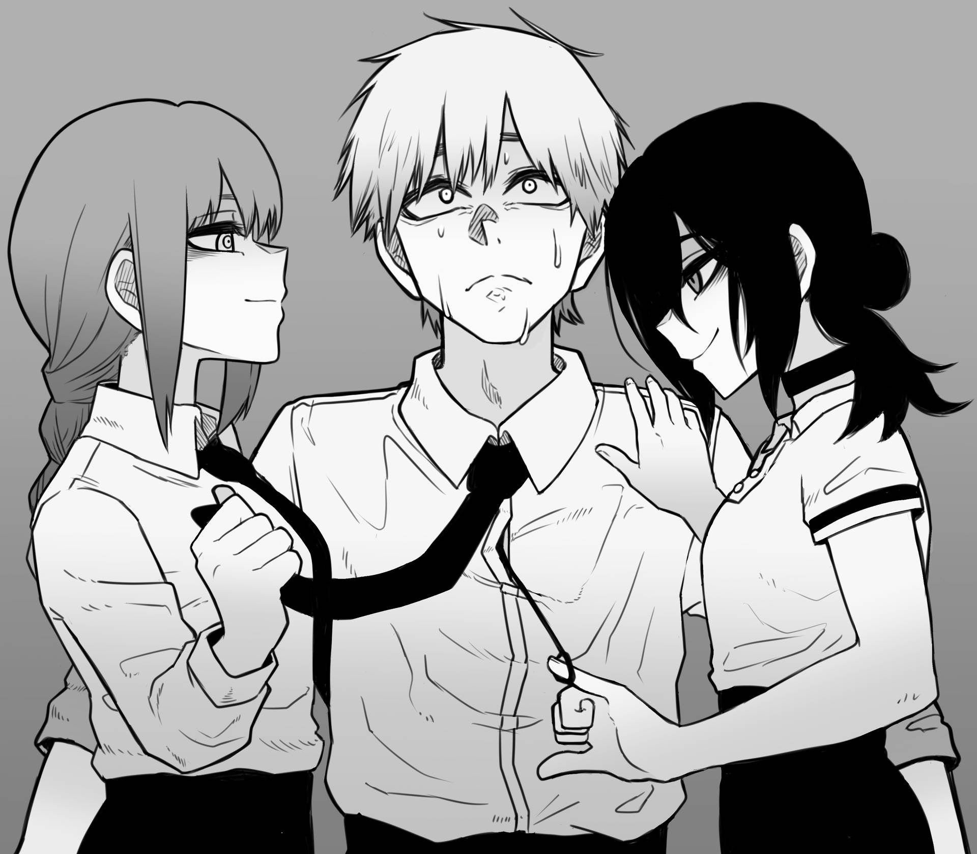 兩個女孩在戲劇性的動畫場景中拉扯男孩的領帶。 — 鏈鋸人 壁紙
