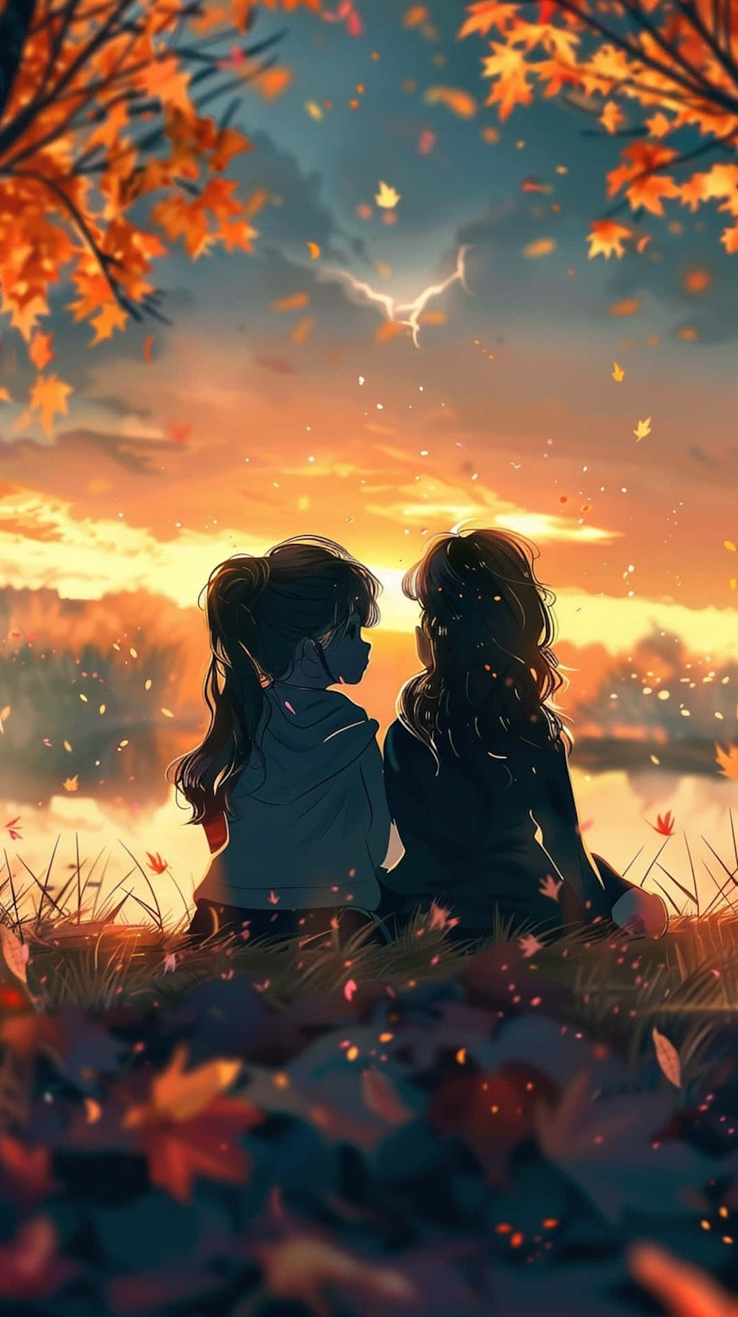  壁紙 — 兩個女孩並肩坐在落葉紛飛的秋日田野中，戲劇性的夕陽將天空染成火橙色和深藍色。